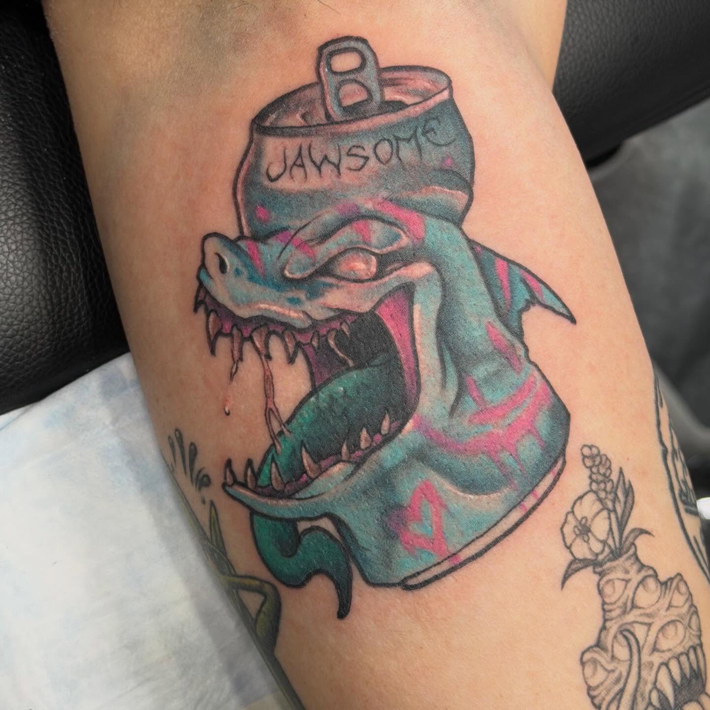Shark new school tattoo on the forearm by Matthew Gordon