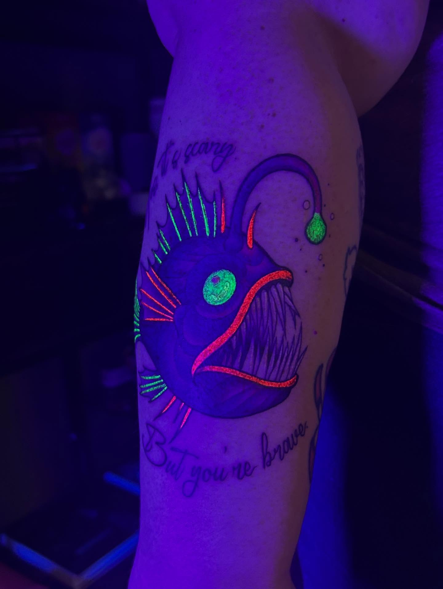 Angler fish dotwork tattoo on the forearm by Mary Rose Heckle