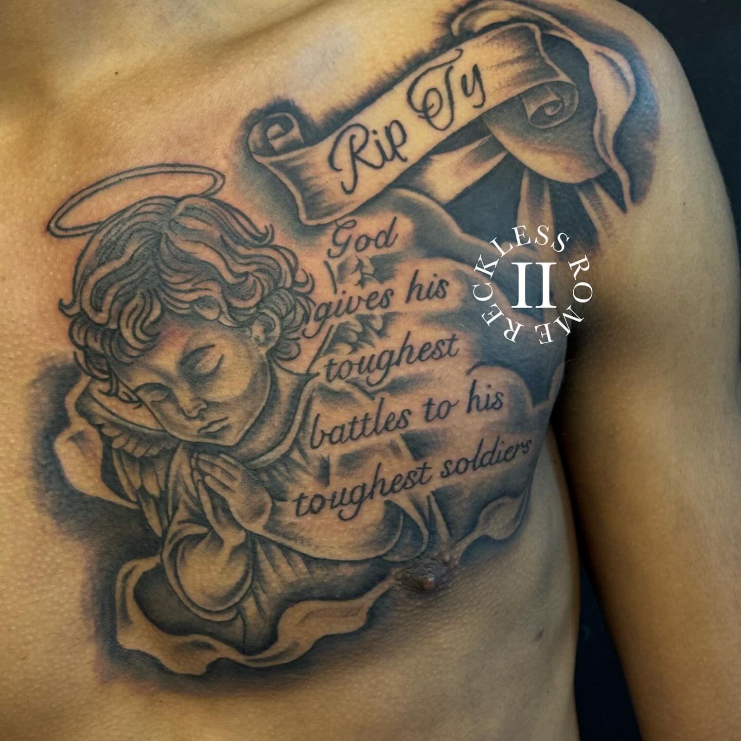 Angel with scroll black and grey tattoo on the chest by Rome