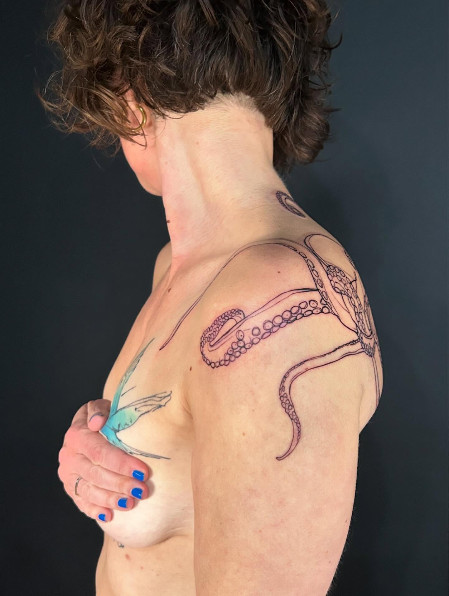 Octopus dotwork tattoo on the shoulder by @laurabochet_tattoo, Beacon, NY