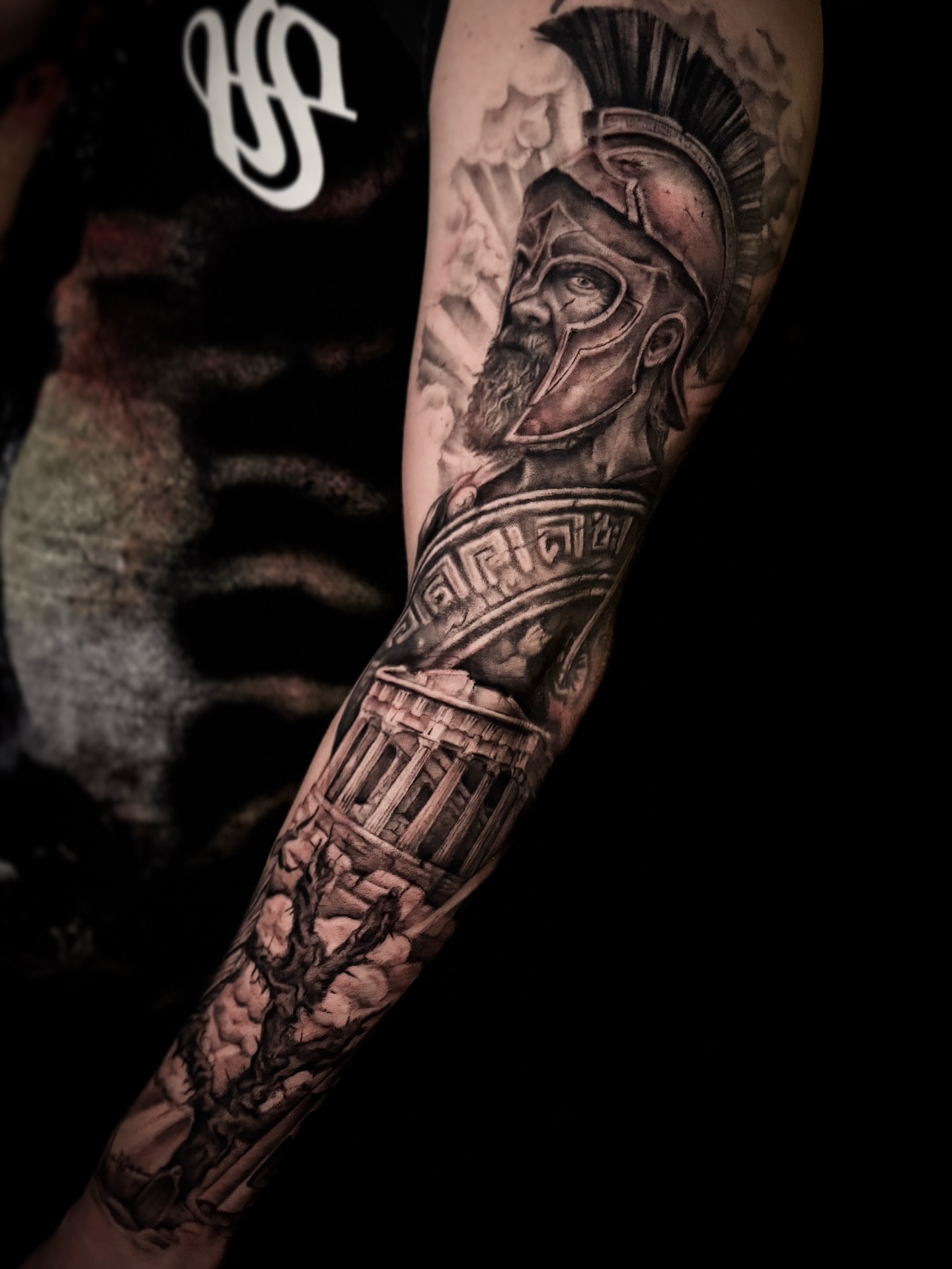 Ancient warrior realism tattoo on the forearm by Cristen Aro