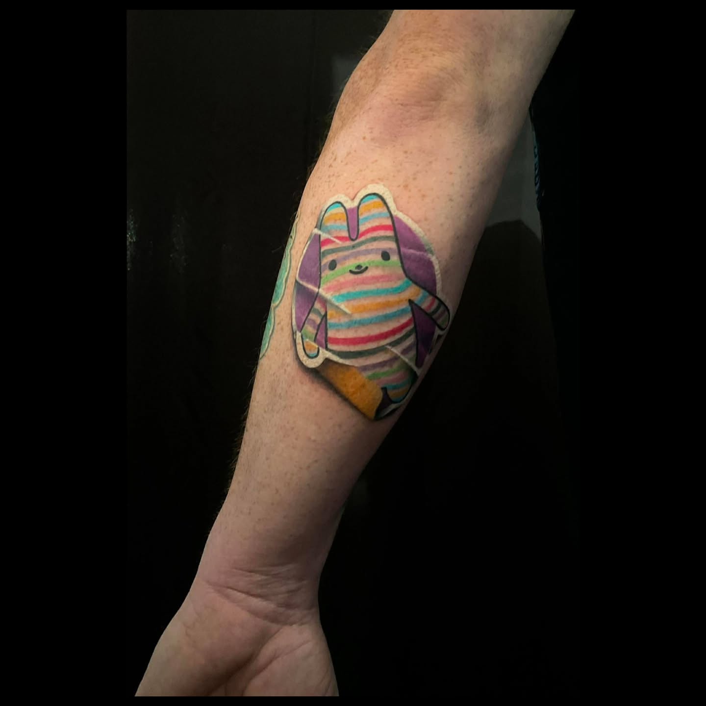 Striped rabbit dotwork tattoo on the forearm by Trista Bettfreund (Birdy)