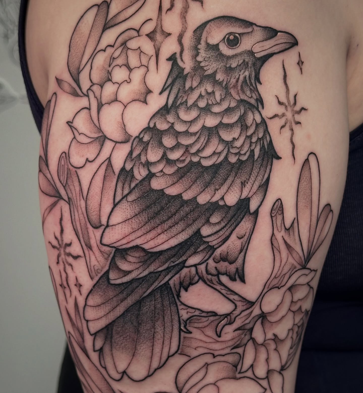 Bird and flowers dotwork tattoo on the forearm by TATTOOLIZARD (James)