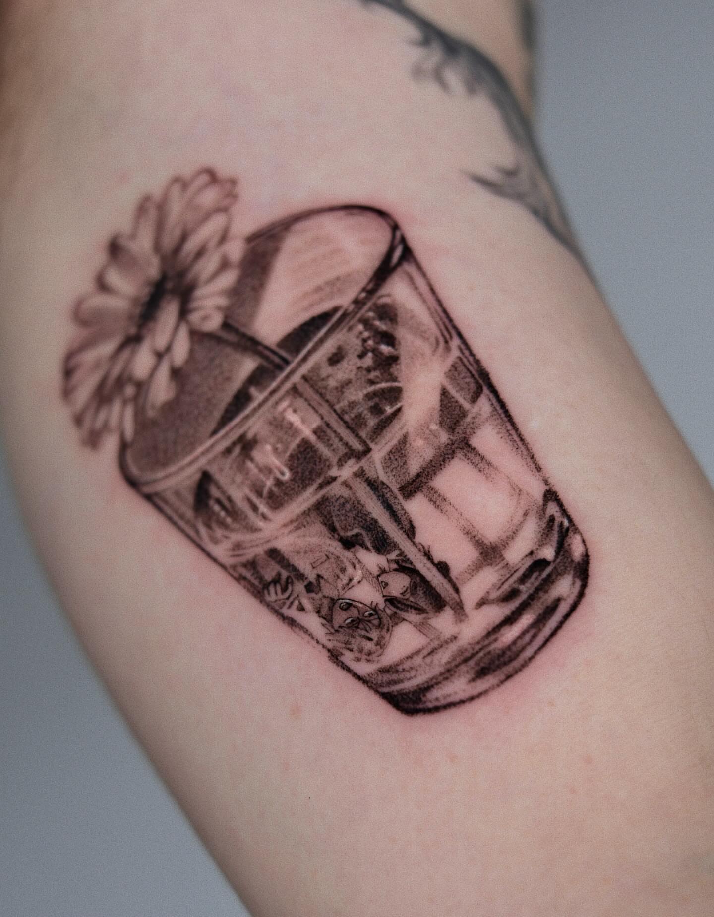 Glass with reflection black and grey tattoo on the forearm by Anime, Amsterdam, Noord-Holland