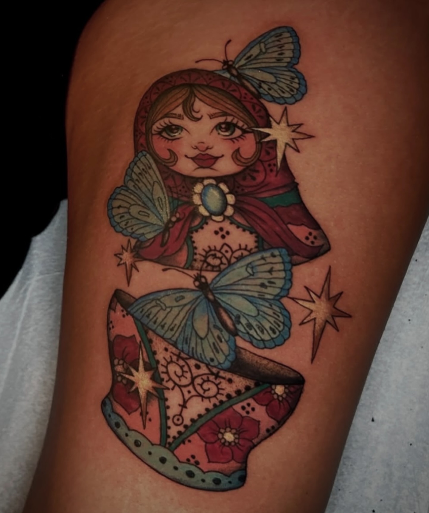Fairy with butterflies illustrative tattoo on the thigh by Kat McCoy Guidera, Nashville, Tennessee