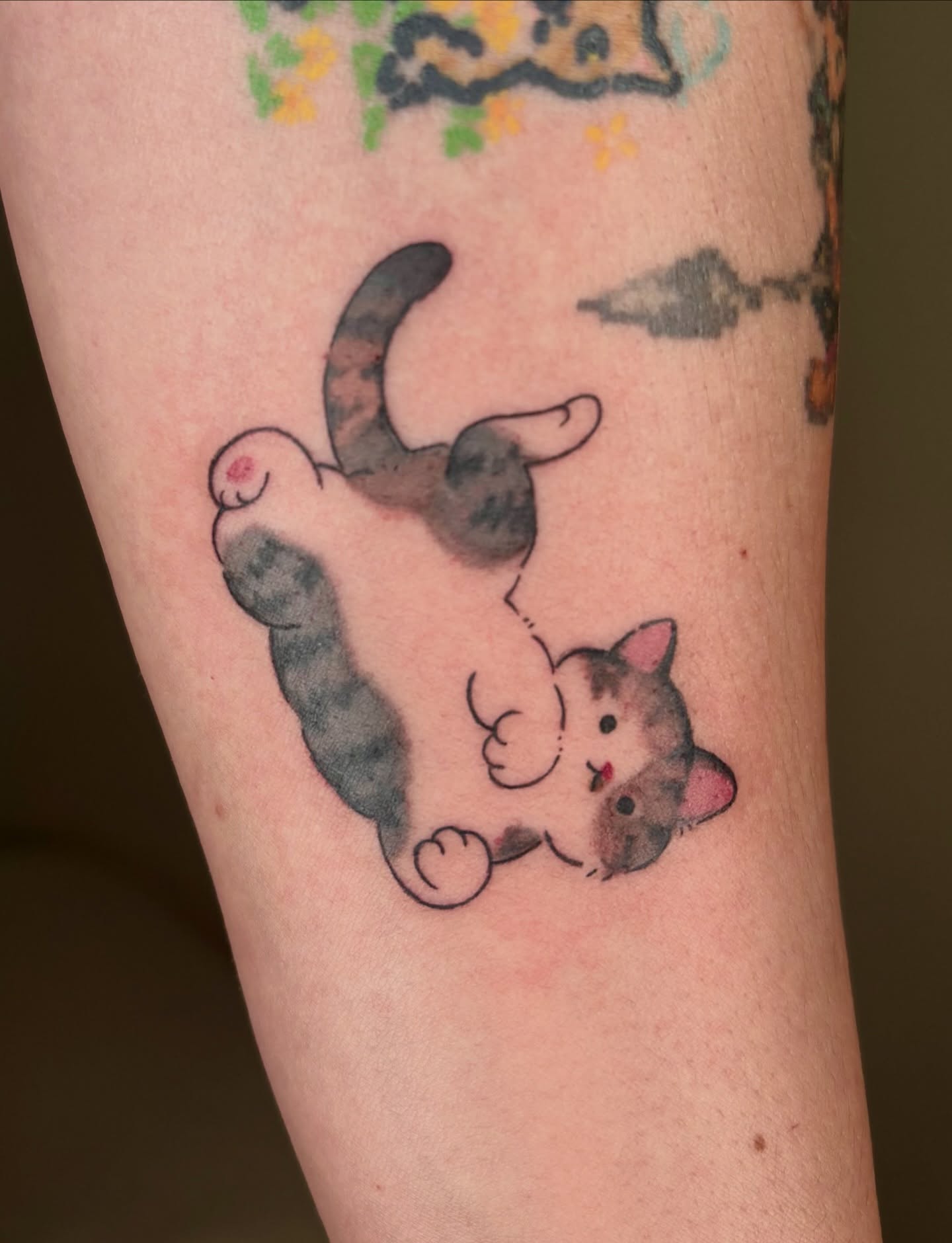 Cat watercolor tattoo on the forearm by ๐ฎ๐ถ๐ ๐ โงโห โโ.