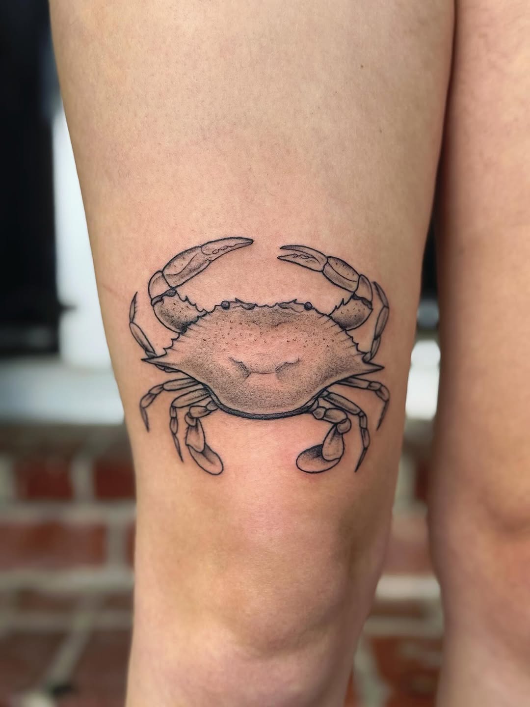 Crab fine line tattoo on the thigh by π½πππππ π½πππππππ, New Orleans, Louisiana
