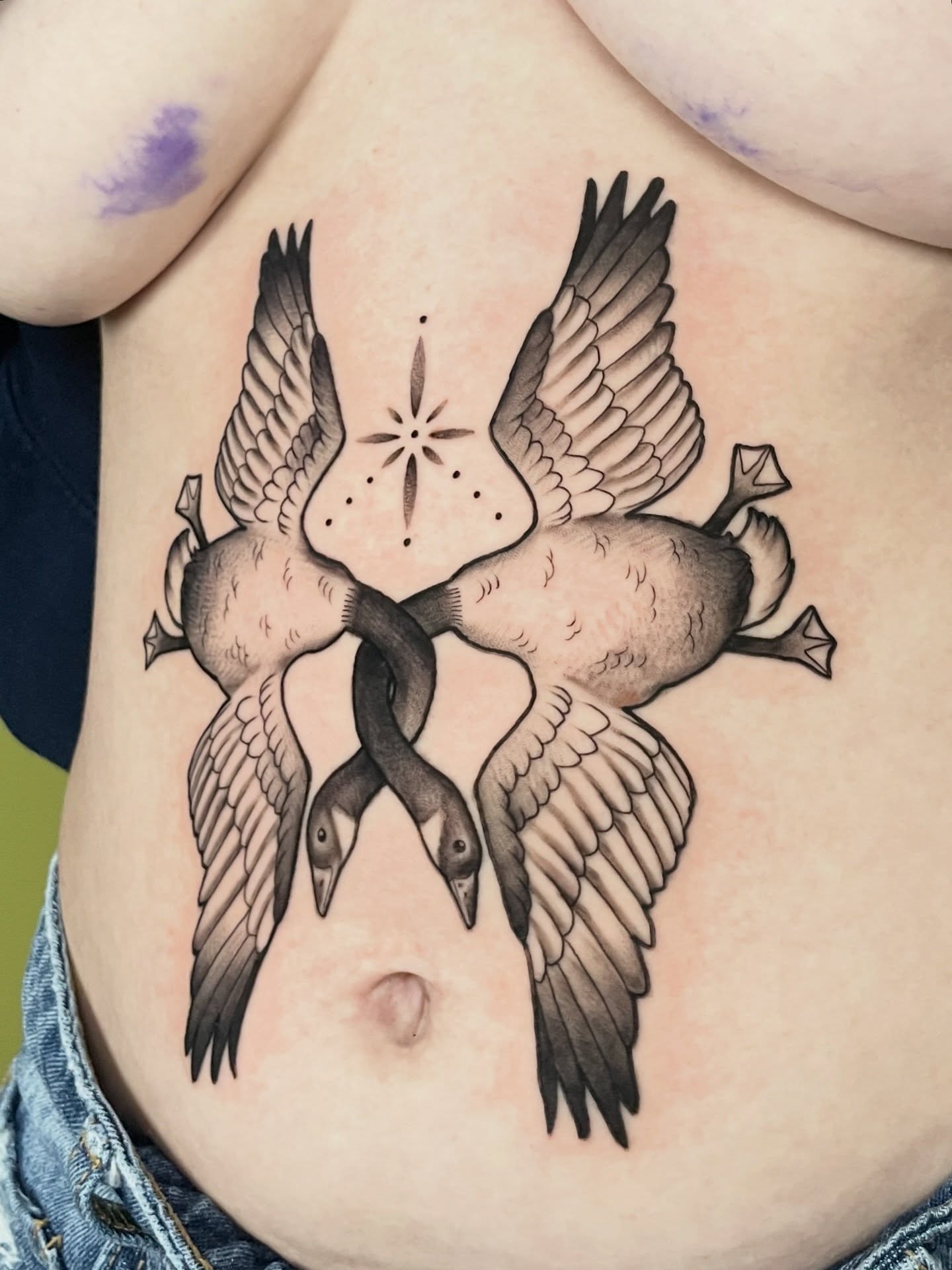 Geese black and grey tattoo on the torso by ✨Erin Haines✨