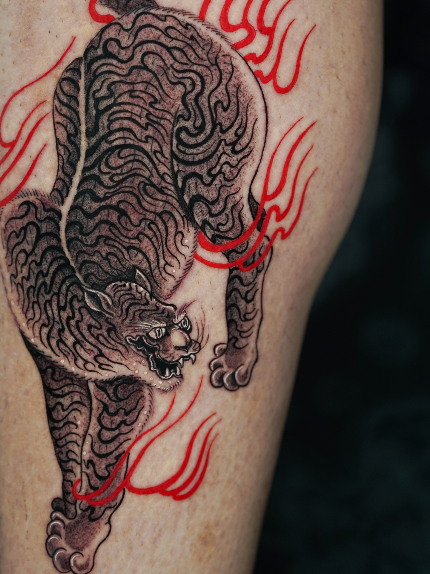 Tiger japanese irezumi tattoo on the thigh by Swani