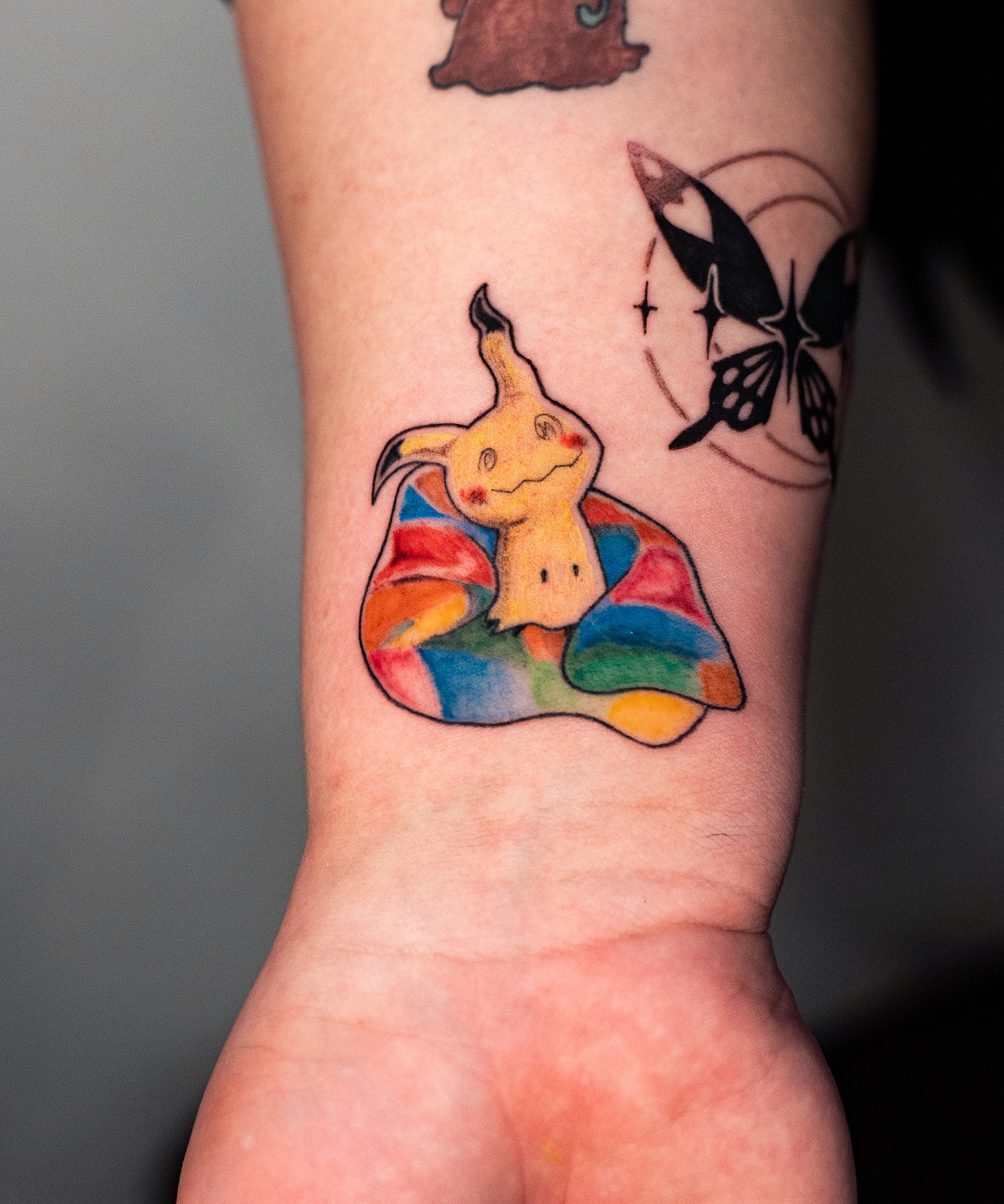 Jigglypuff new school tattoo on the forearm by Kalin, Seattle, Washington
