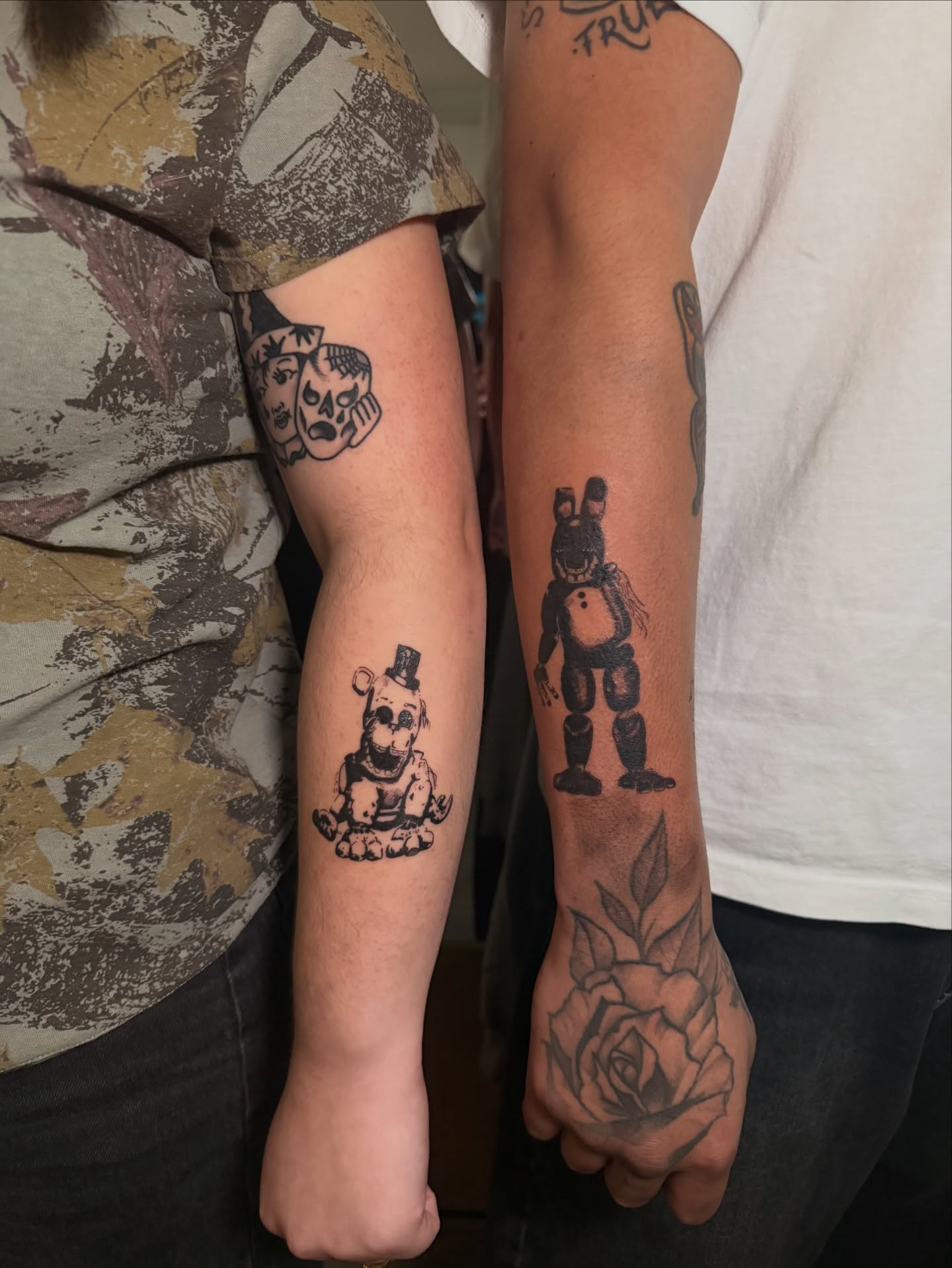 FNAF characters black and grey tattoo on the forearm by Alaska