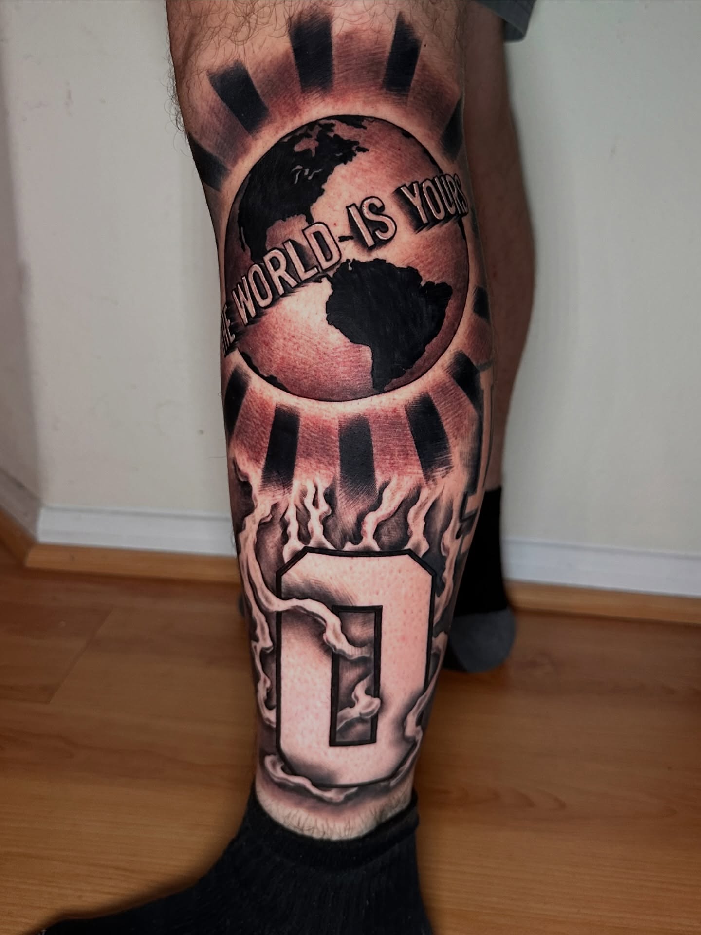 World map realism tattoo on the calf by Yari, Los Angeles, California