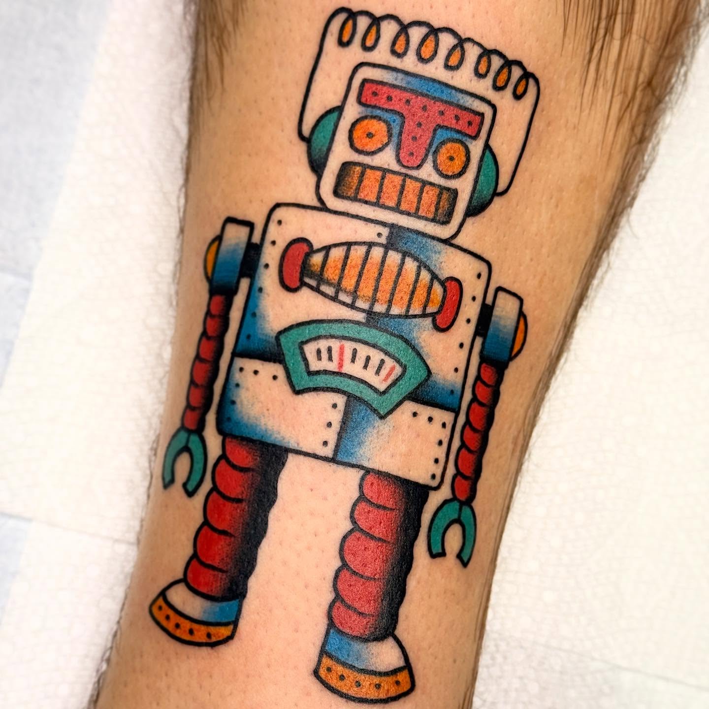 Robot American traditional tattoo on the forearm by 🕸curtis Fink🕸
