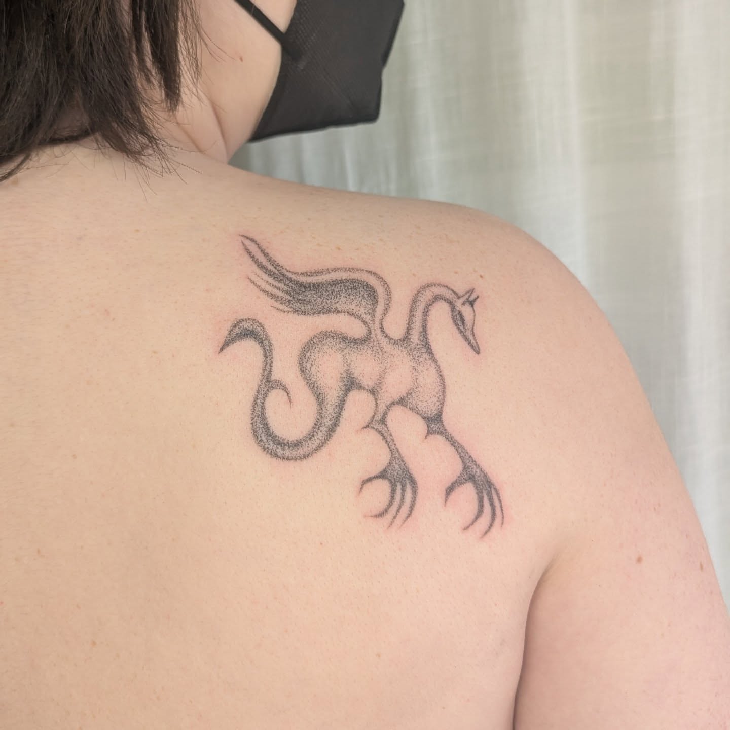 Dragon dotwork tattoo on the shoulder by theo, Portland, Oregon