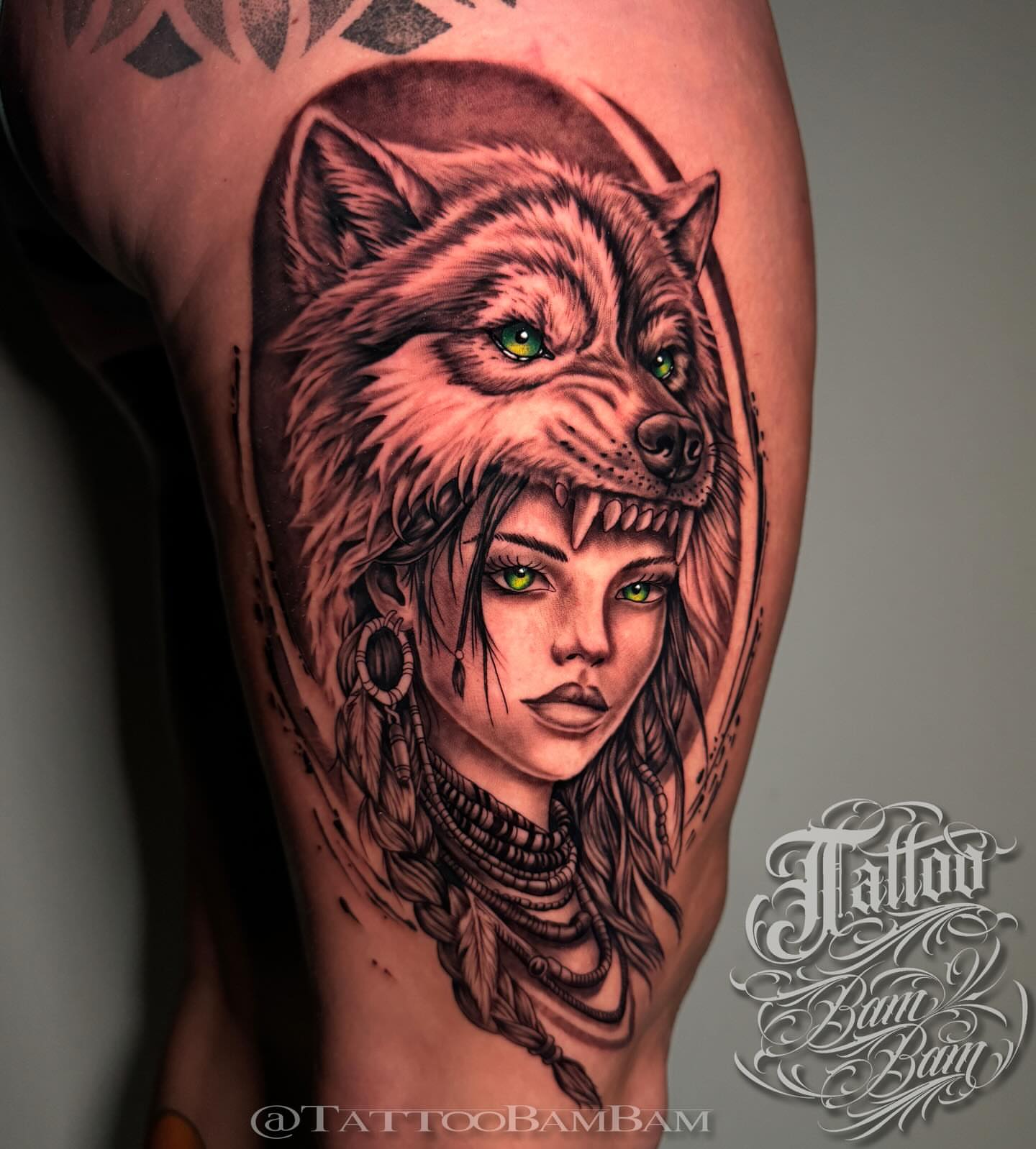 Wolf and woman realism tattoo on the forearm by Tattoo Bam Bam
