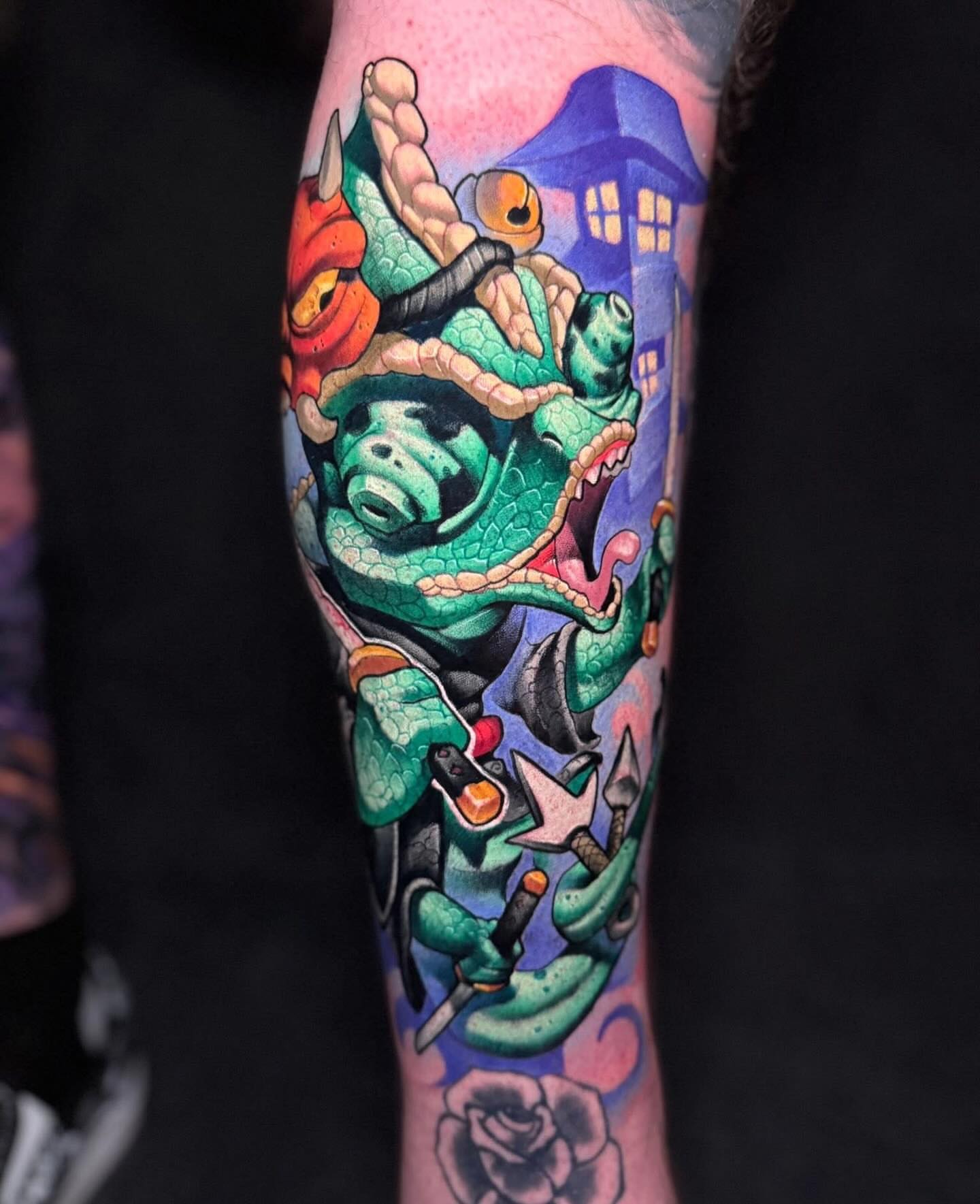 Monster with snake American traditional tattoo on the forearm by BigTatty Kayne