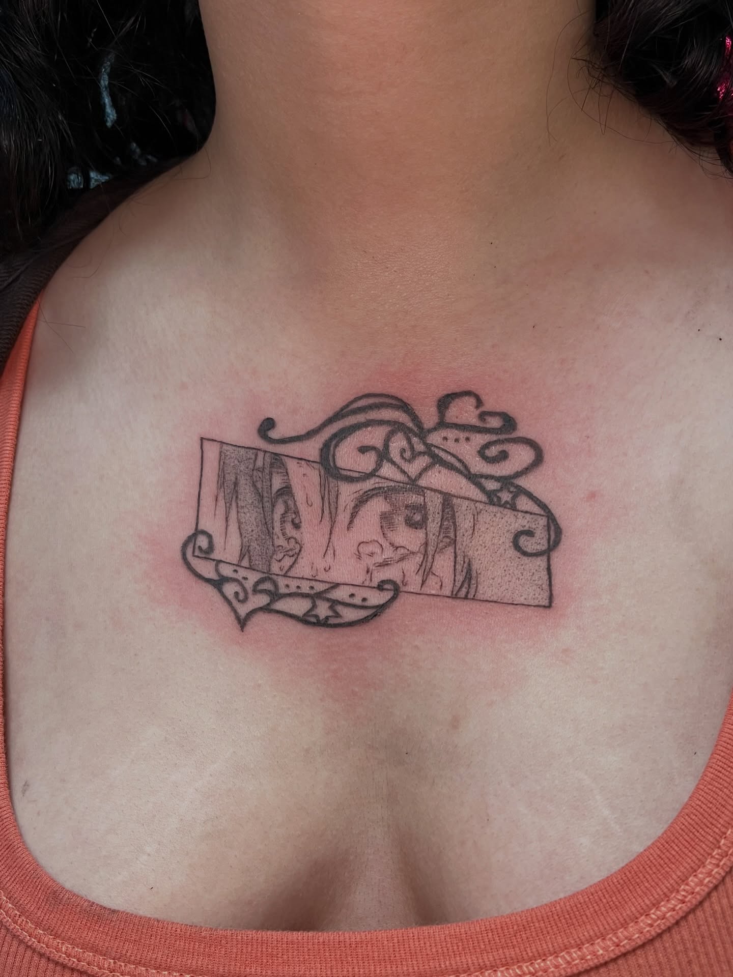 Mask black and grey tattoo on the chest by Bunny 🐰