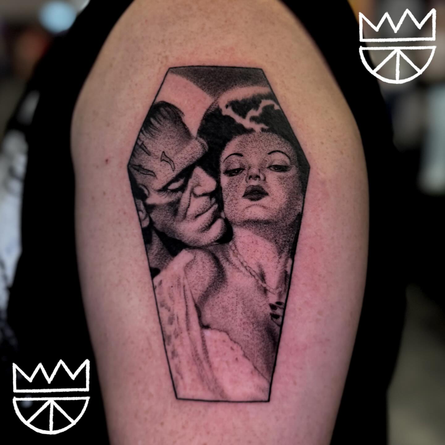 Coffin dotwork tattoo on the upper arm by Prncjordn, Stallings, North Carolina