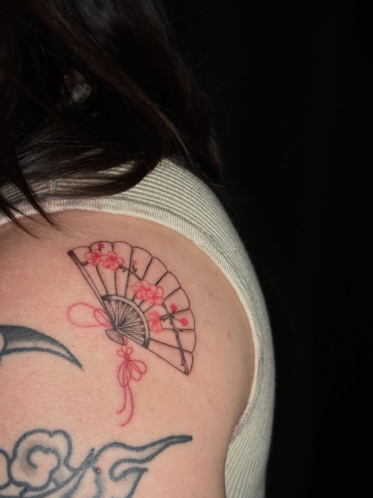 Cherry blossom fan japanese irezumi tattoo on the shoulder by 「 ✦ Sa-Na ✦ 」DMV TATTOO ARTIST