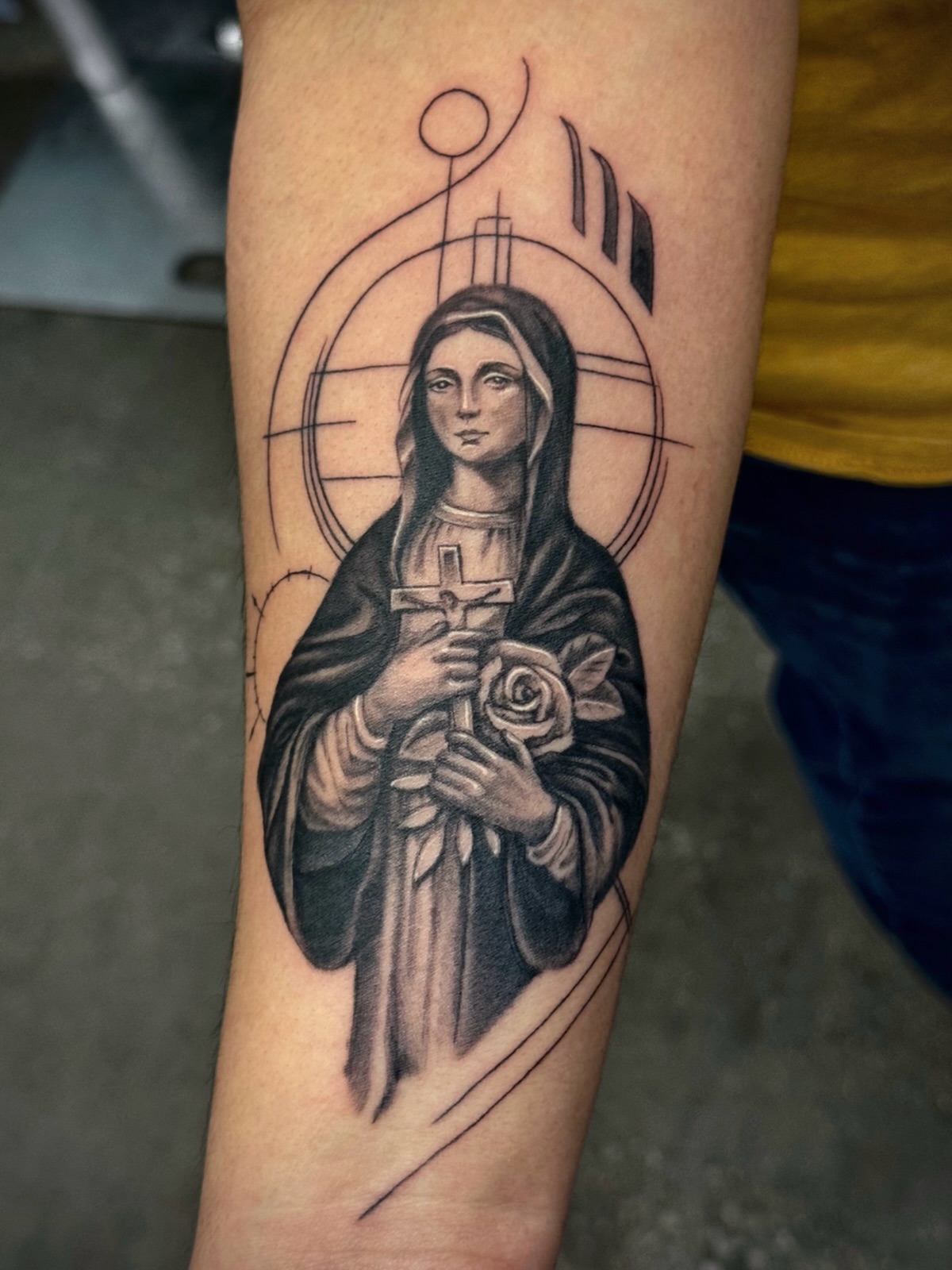 Religious figure realism tattoo on the forearm by Nicole Parenti ✨, Franklin, Tennessee