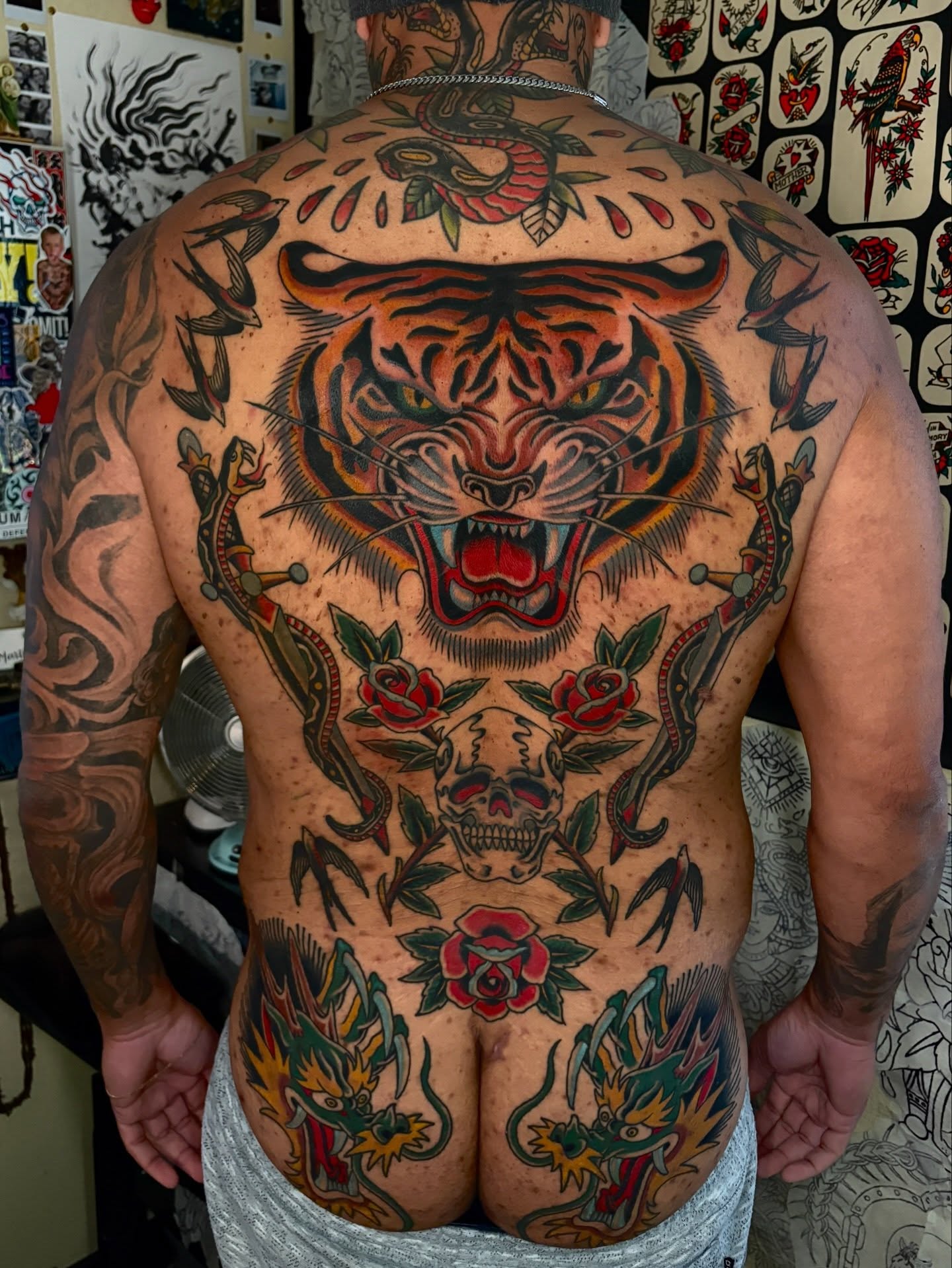 Tiger American traditional tattoo on the back by Max Klapp, Austin, Texas