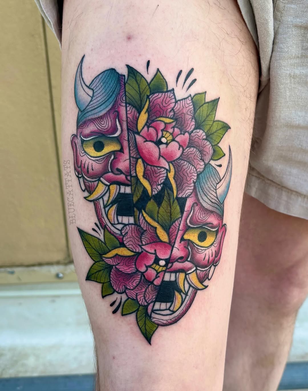 Oni mask and flowers Japanese tattoo on the thigh by ๐ Michelle ๐