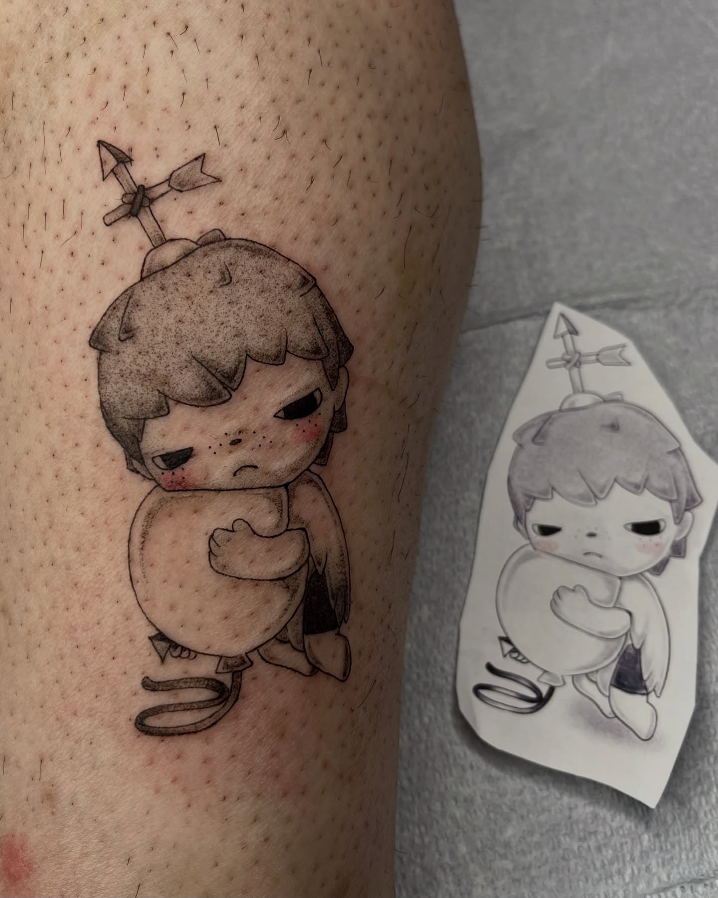 Tattoo by @capricornpokes — dotwork, anime