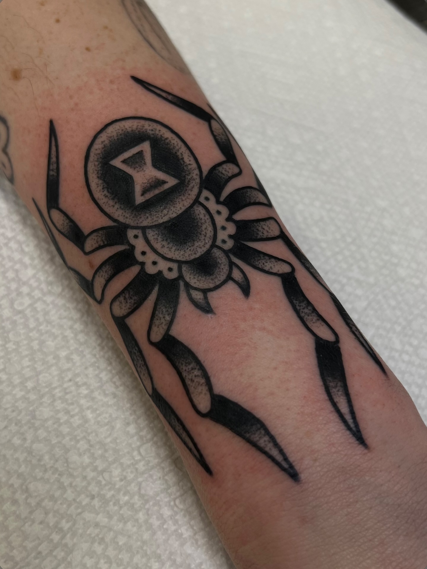 Spider American traditional tattoo on the forearm by Alva - DFW Tattoo Artist