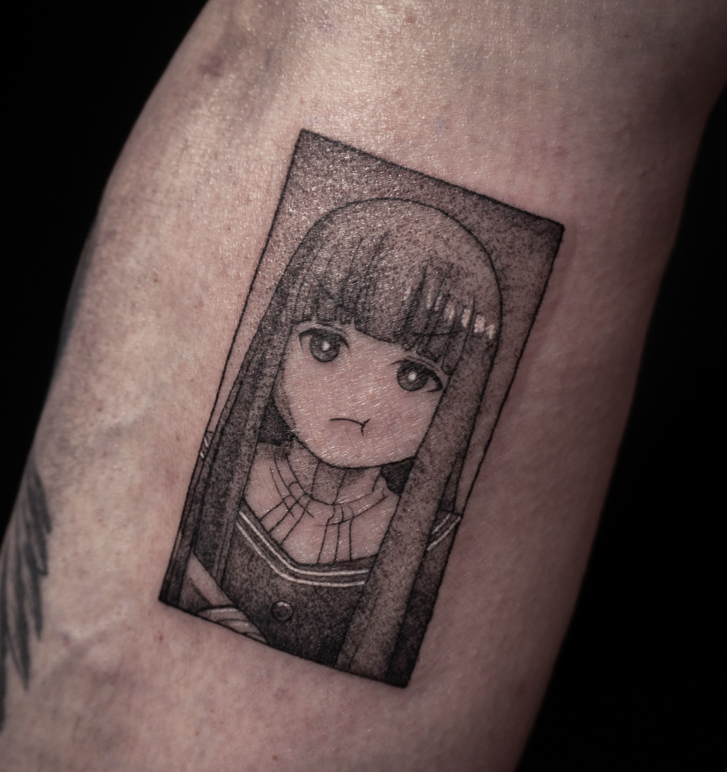 Anime character dotwork tattoo on the forearm by 🖤 Xamy ∆rt (◍