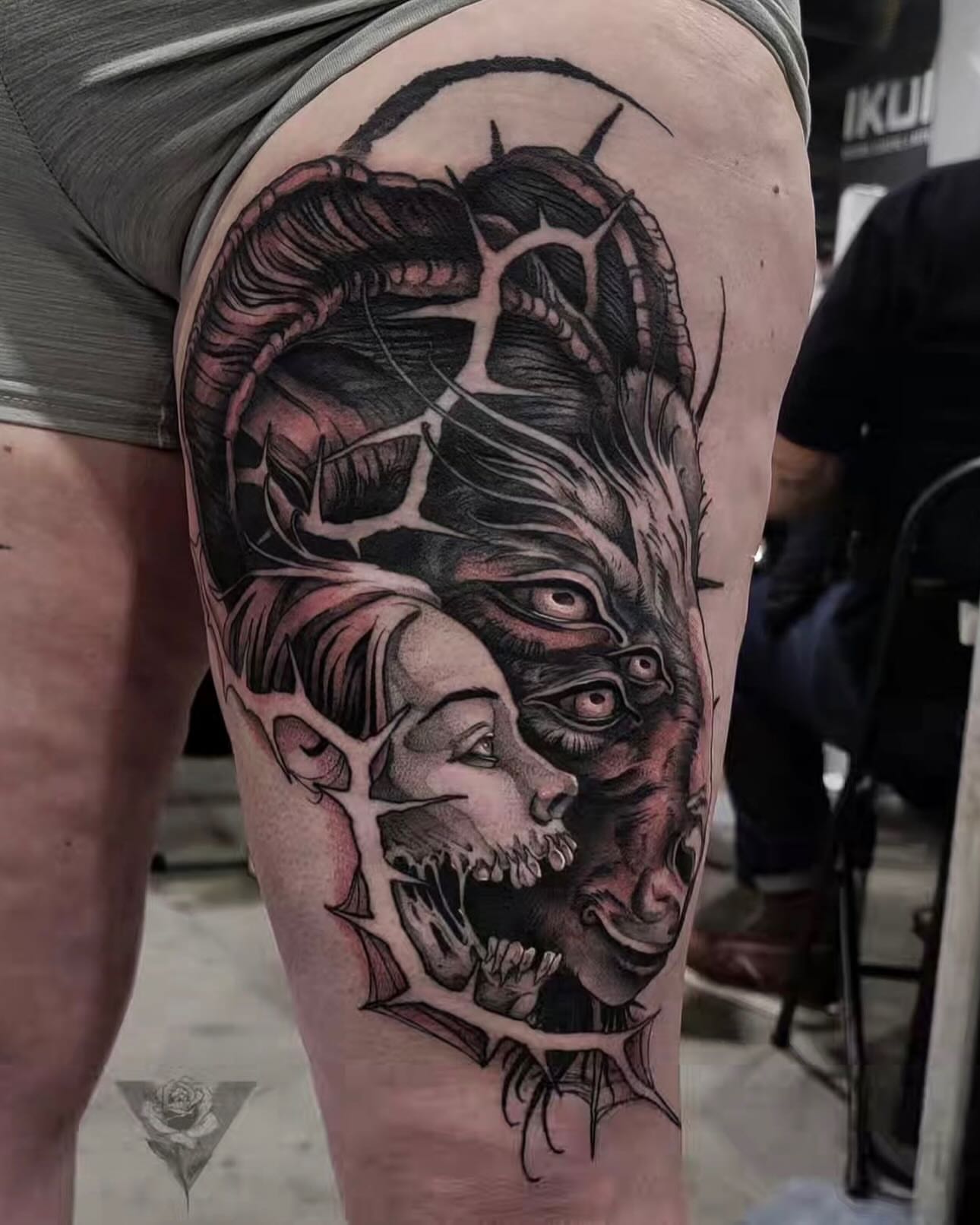 Demon and woman dark realism tattoo on the thigh by V πΊπ¦