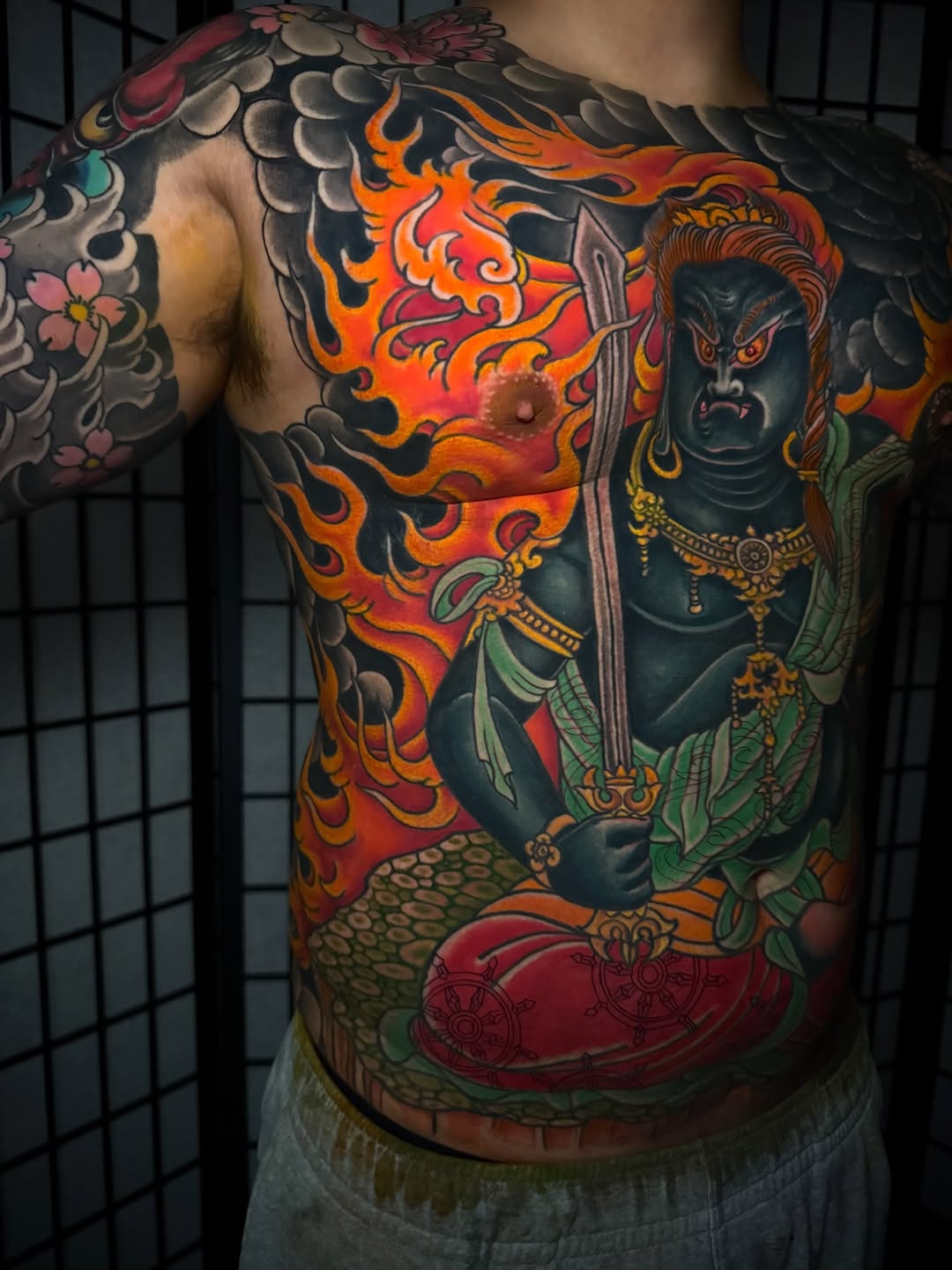 Fudo Myo-o with flames and dragon Japanese tattoo on the back by 𝙉𝙄𝘾𝙆 𝘾𝘼𝙍𝙐𝙎𝙊, New York, New York
