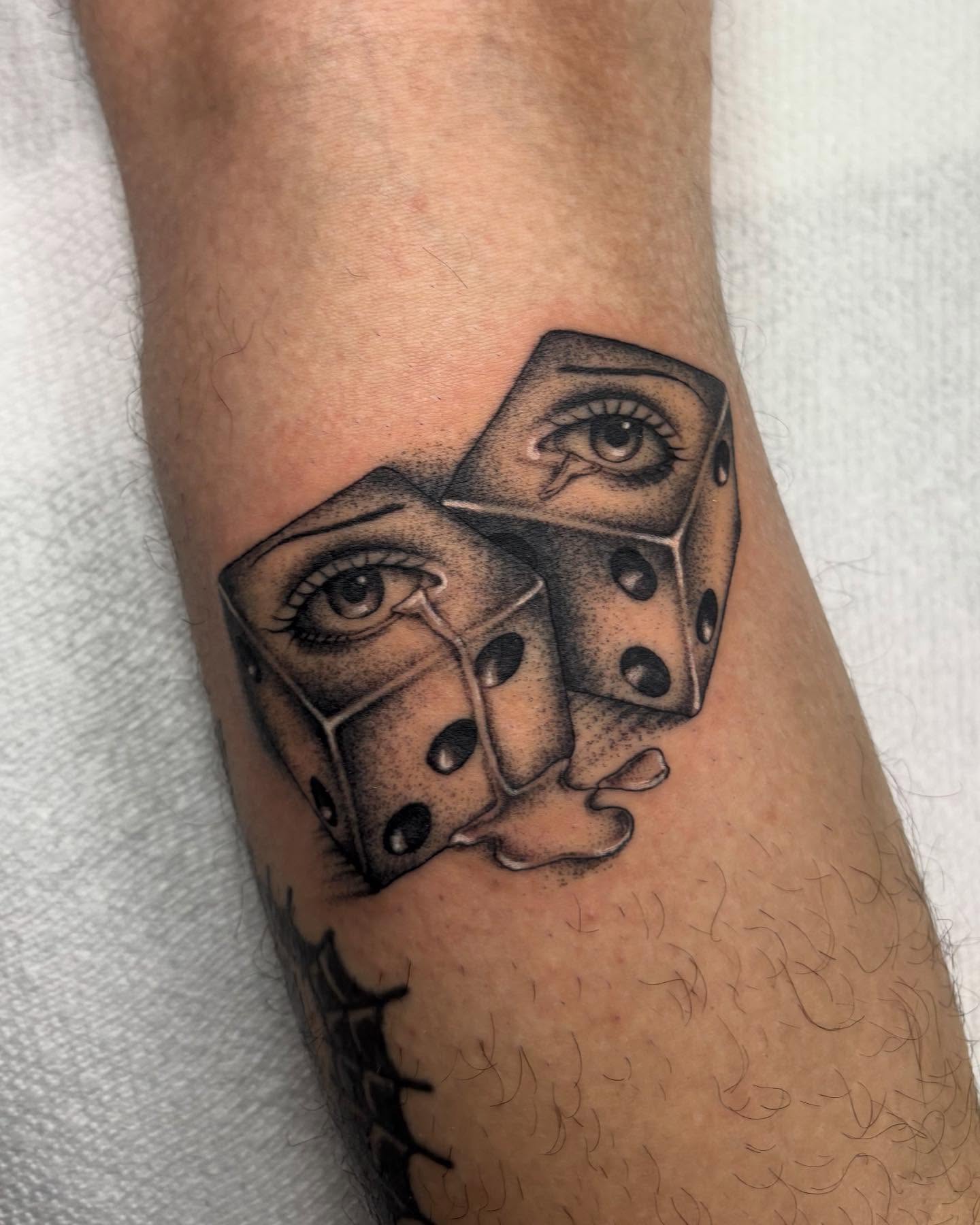 Eyes and dice dotwork tattoo on the forearm by ⟡ Sam O ⟡