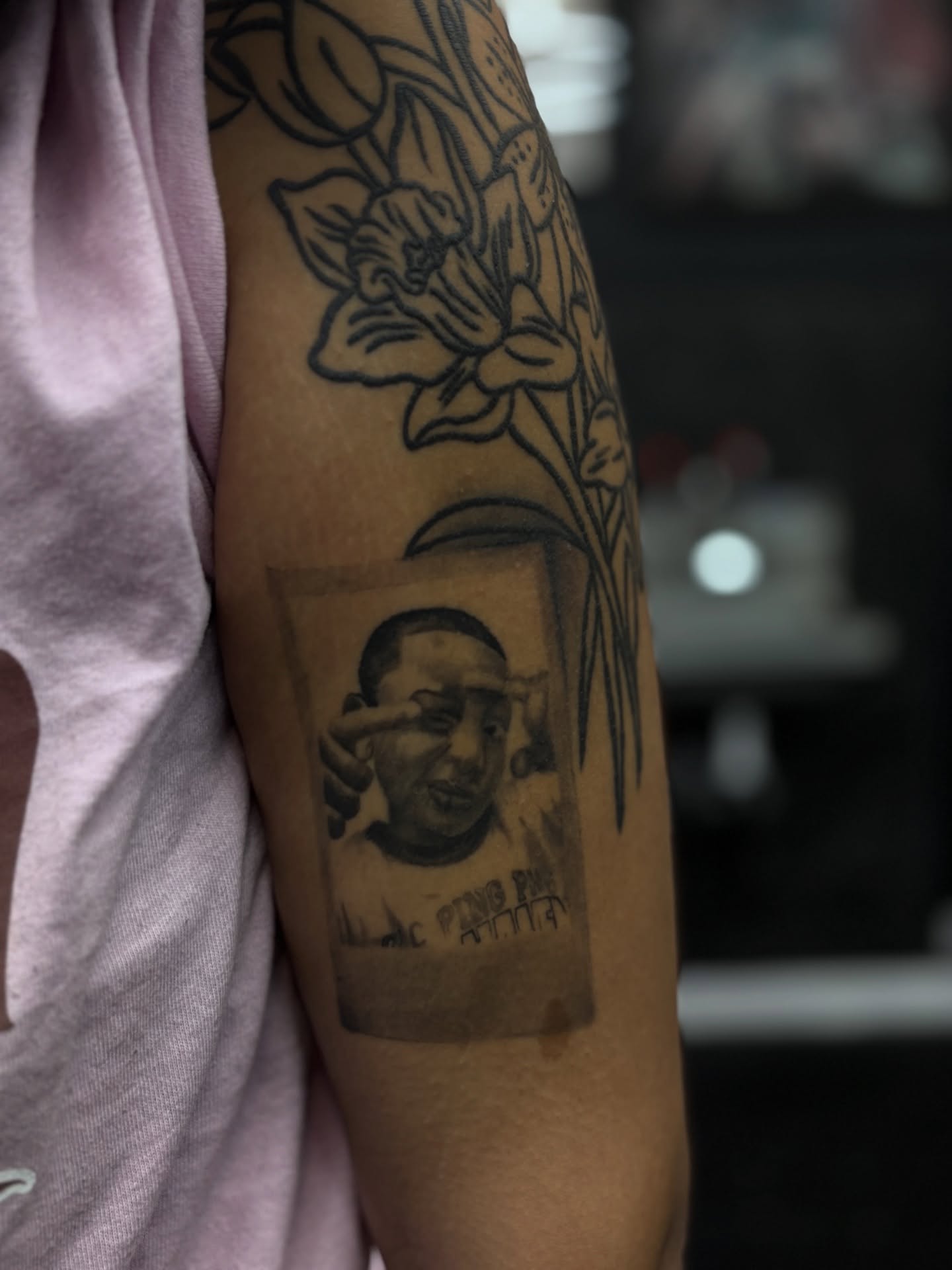 Portrait of a man black and grey tattoo on the forearm by @_frankyvee