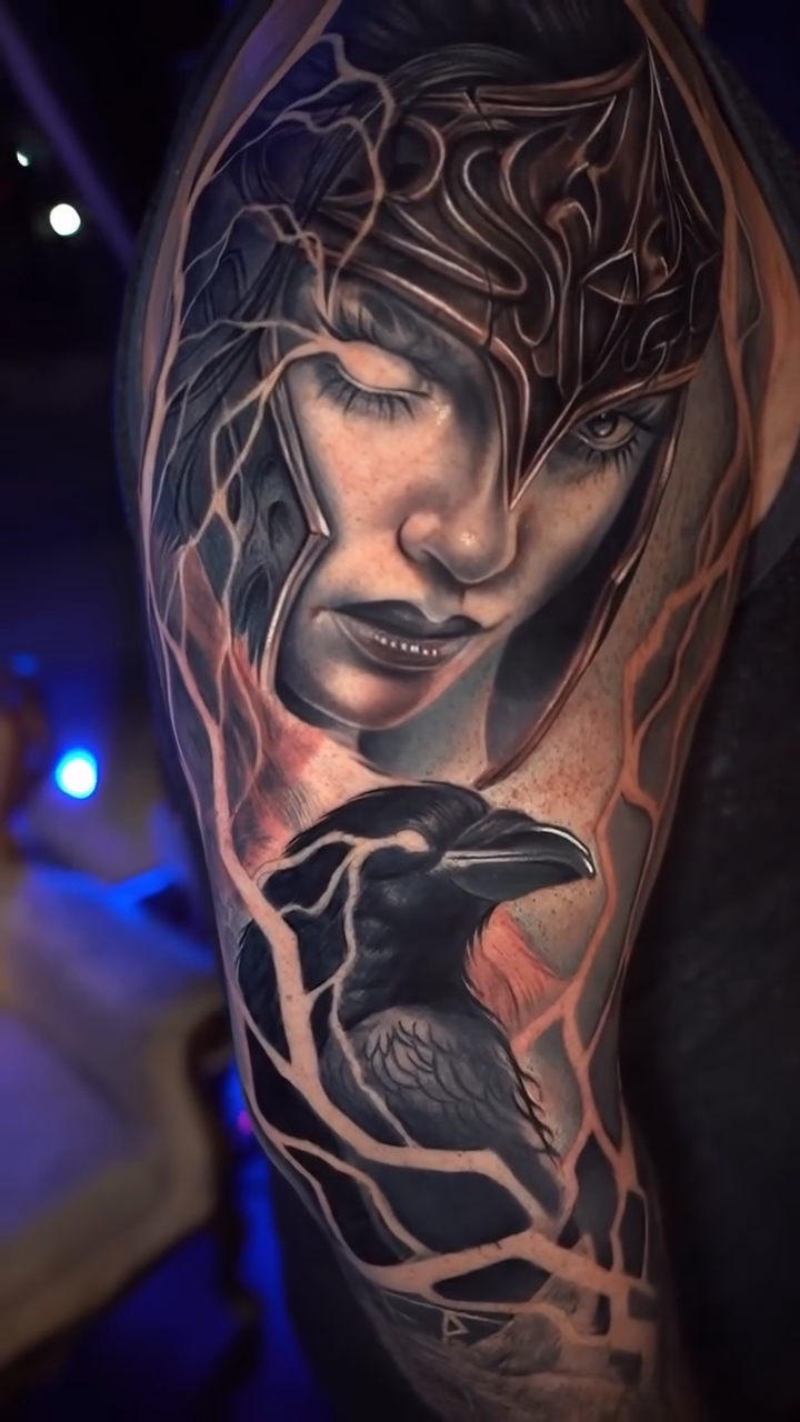Woman and raven dark realism tattoo by Cristian Rodriguez