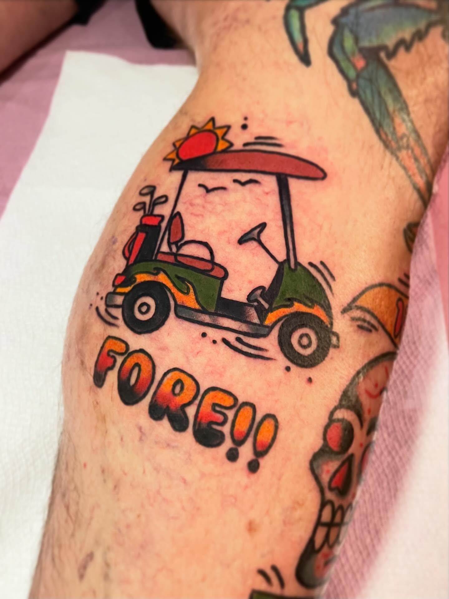 Golf cart American traditional tattoo on the thigh by Jacob, Marion, Illinois