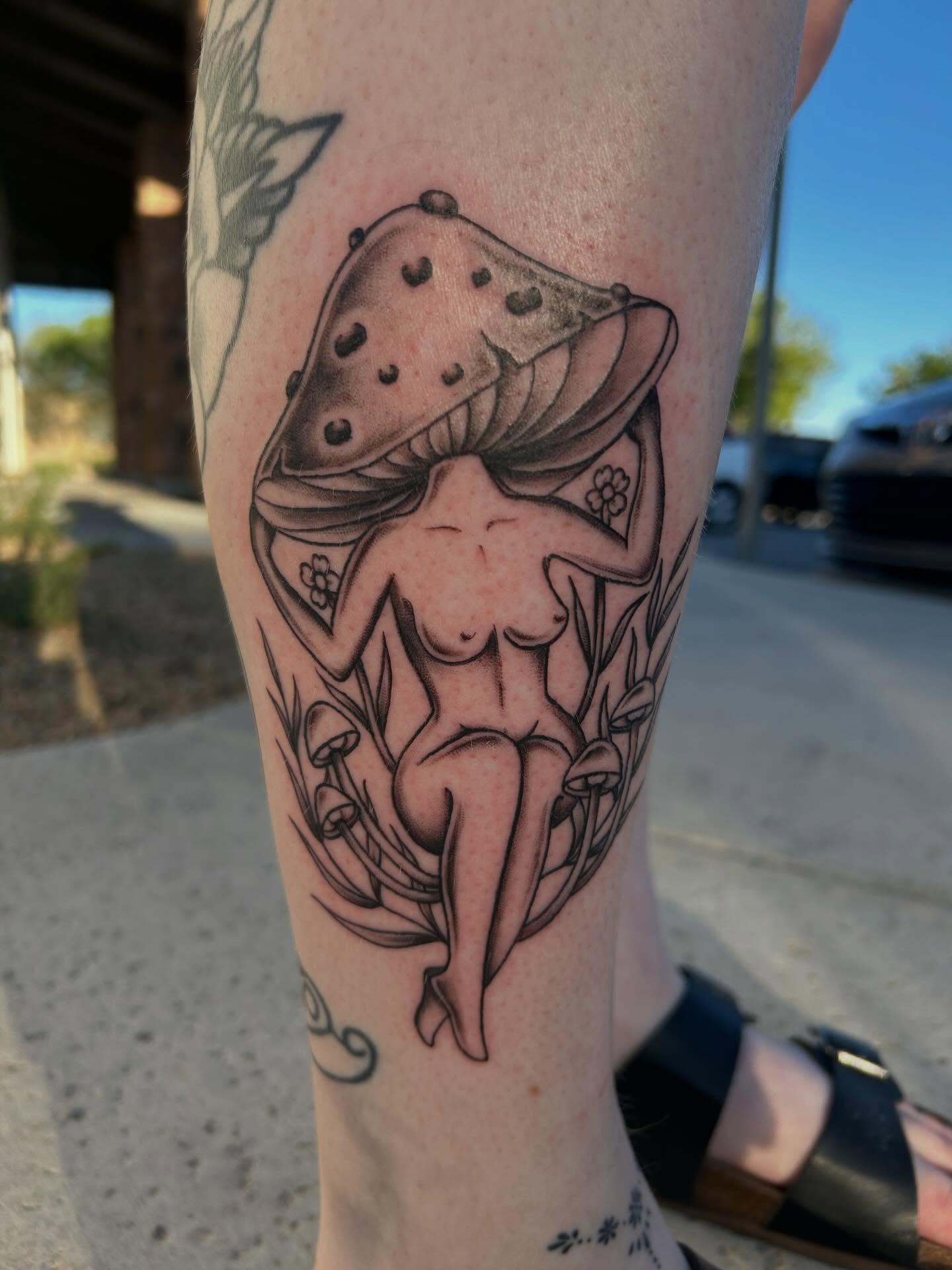 Mushroom black and grey tattoo on the forearm by Janelle McCarthy