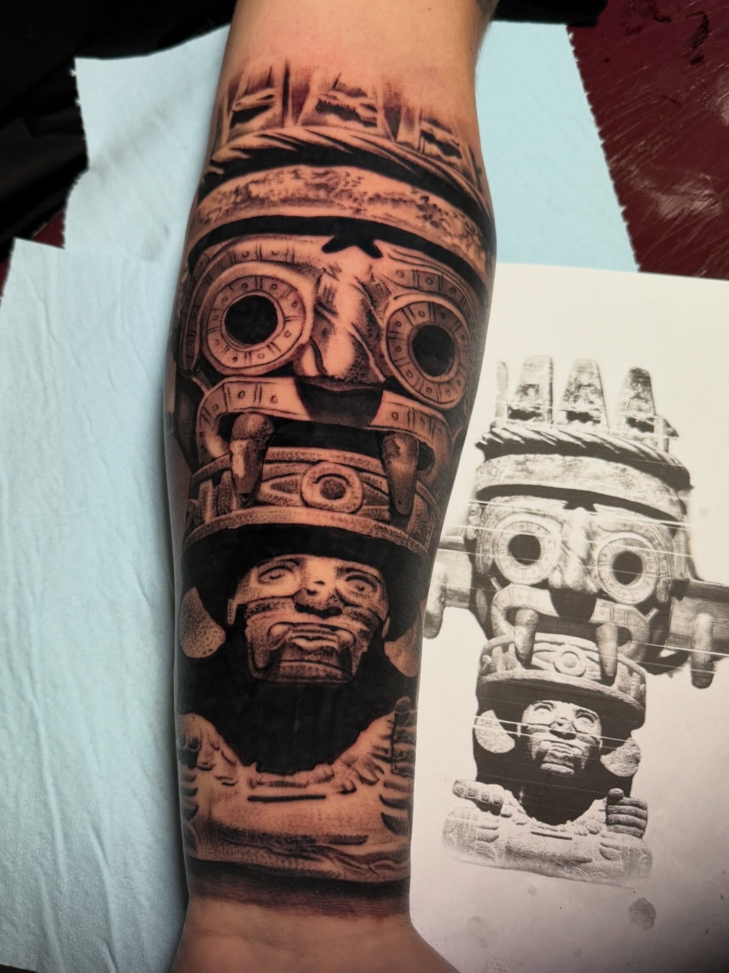 Ancient deity realism tattoo on the forearm by Flames, Cerritos, California