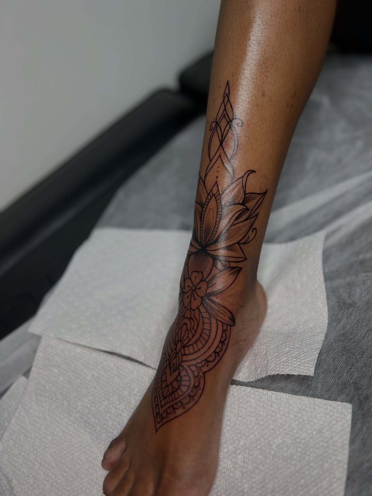 Lotus flower black and grey tattoo on the leg by Mr. 3 for $100 ✍🏽, Atlanta, Georgia