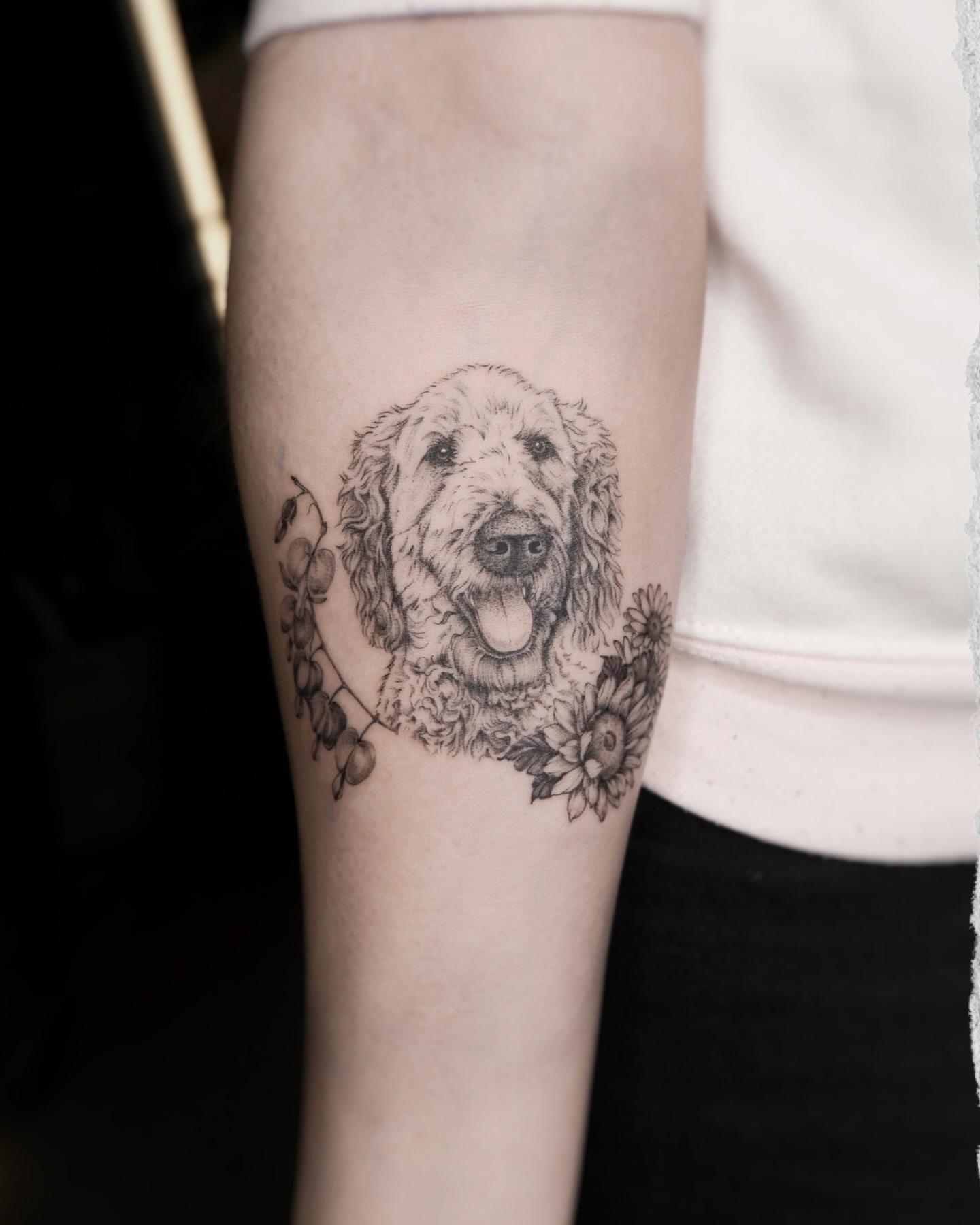 Dog portrait realism tattoo on the forearm by Alina 🌙 Tattoo in Calgary 🇨🇦