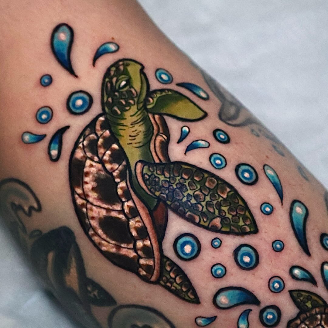 Sea turtle dotwork tattoo on the forearm by Bailey Drey