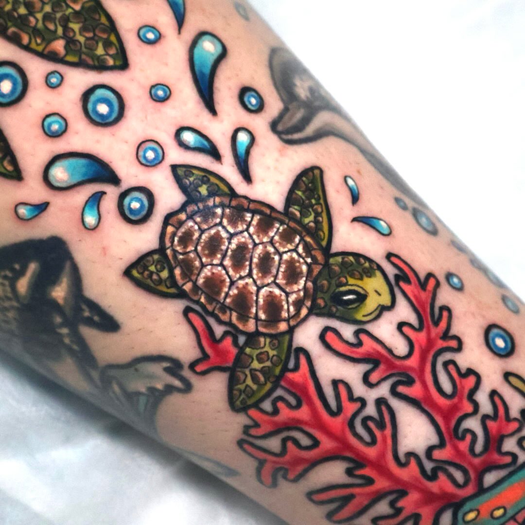Sea turtle dotwork tattoo on the forearm by Bailey Drey