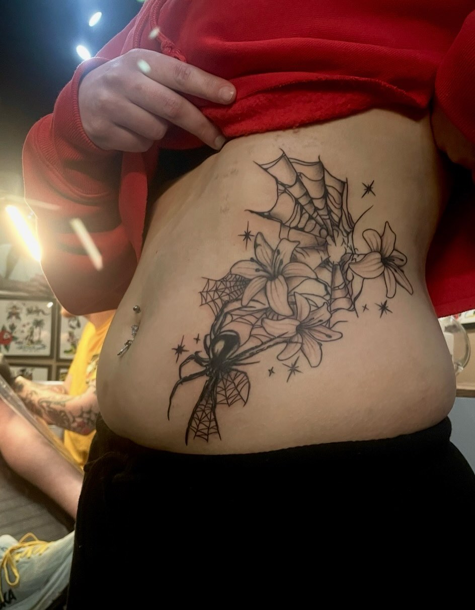 Spider and flowers black and grey tattoo on the torso by π©Έβ βοΈ ππππ βοΈ βπ©Έ