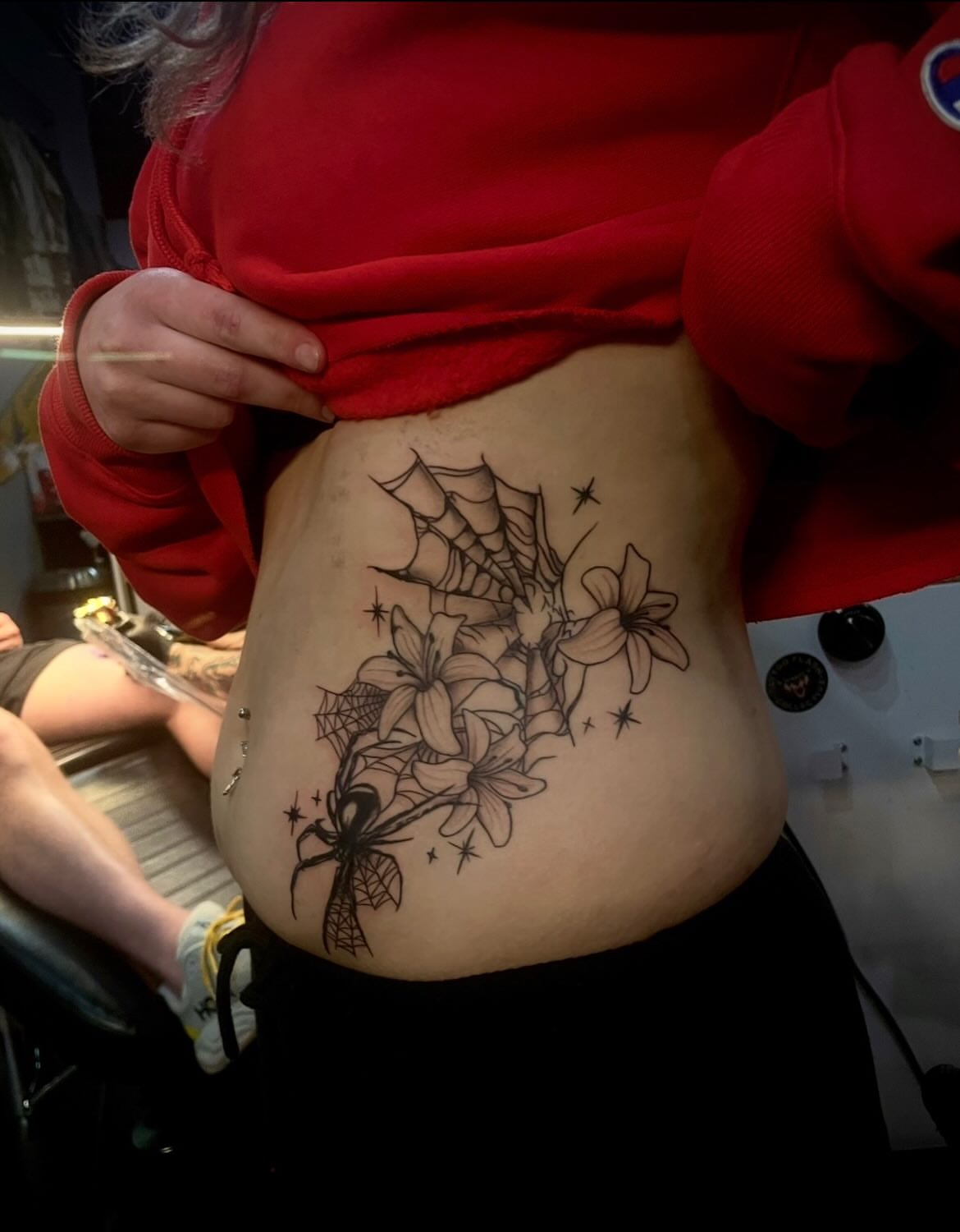 Flowers and spider web black and grey tattoo on the torso by π©Έβ βοΈ ππππ βοΈ βπ©Έ