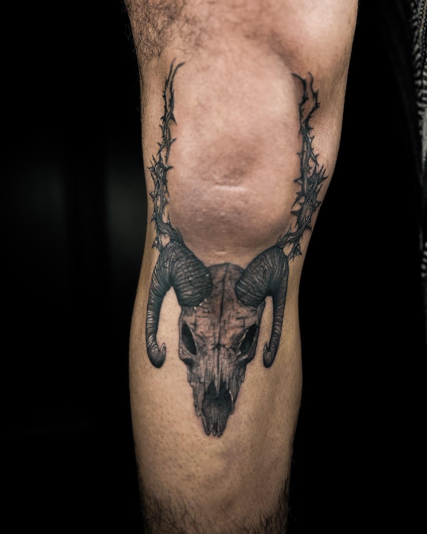 Ram skull realism tattoo on the calf by Priscila, Los Angeles, California