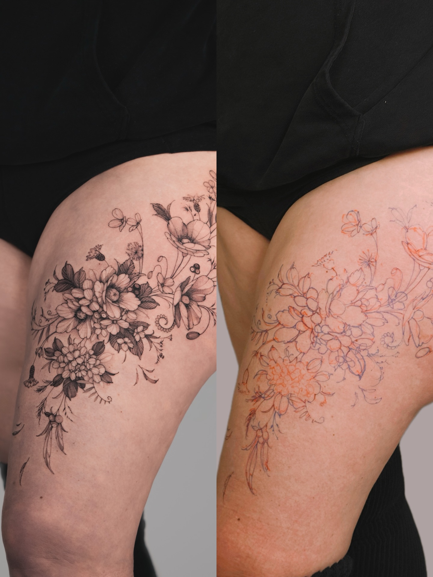 Floral bouquet black and grey tattoo on the thigh by Yuliia Babych tattoo AUSTIN