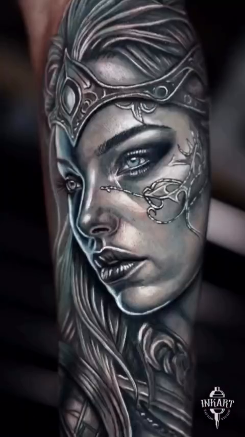 Portrait of a warrior woman realism tattoo on the upper arm by Exis LHinc, Miami, Florida