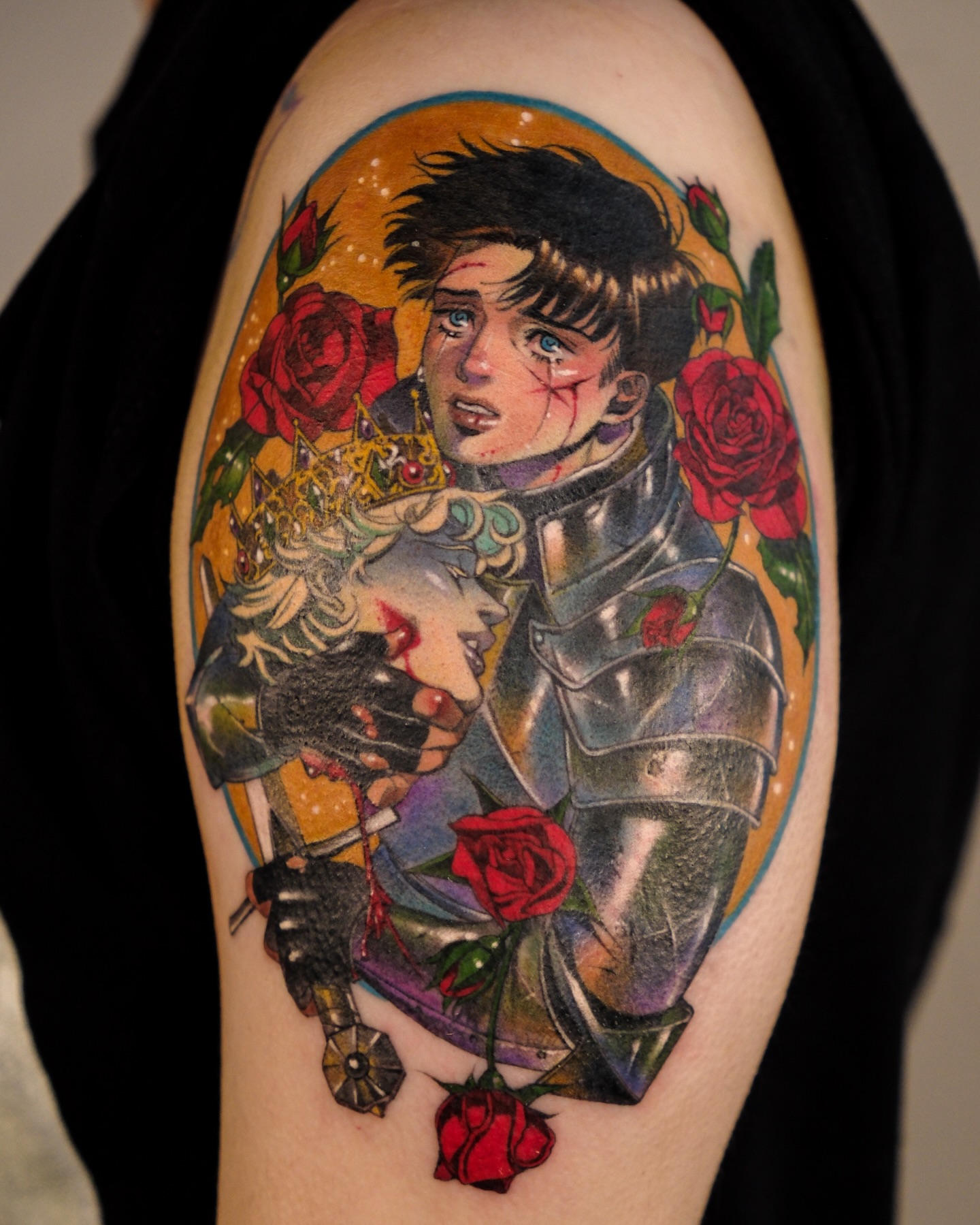 Knight and woman anime tattoo on the shoulder by Hemi 혜미타투