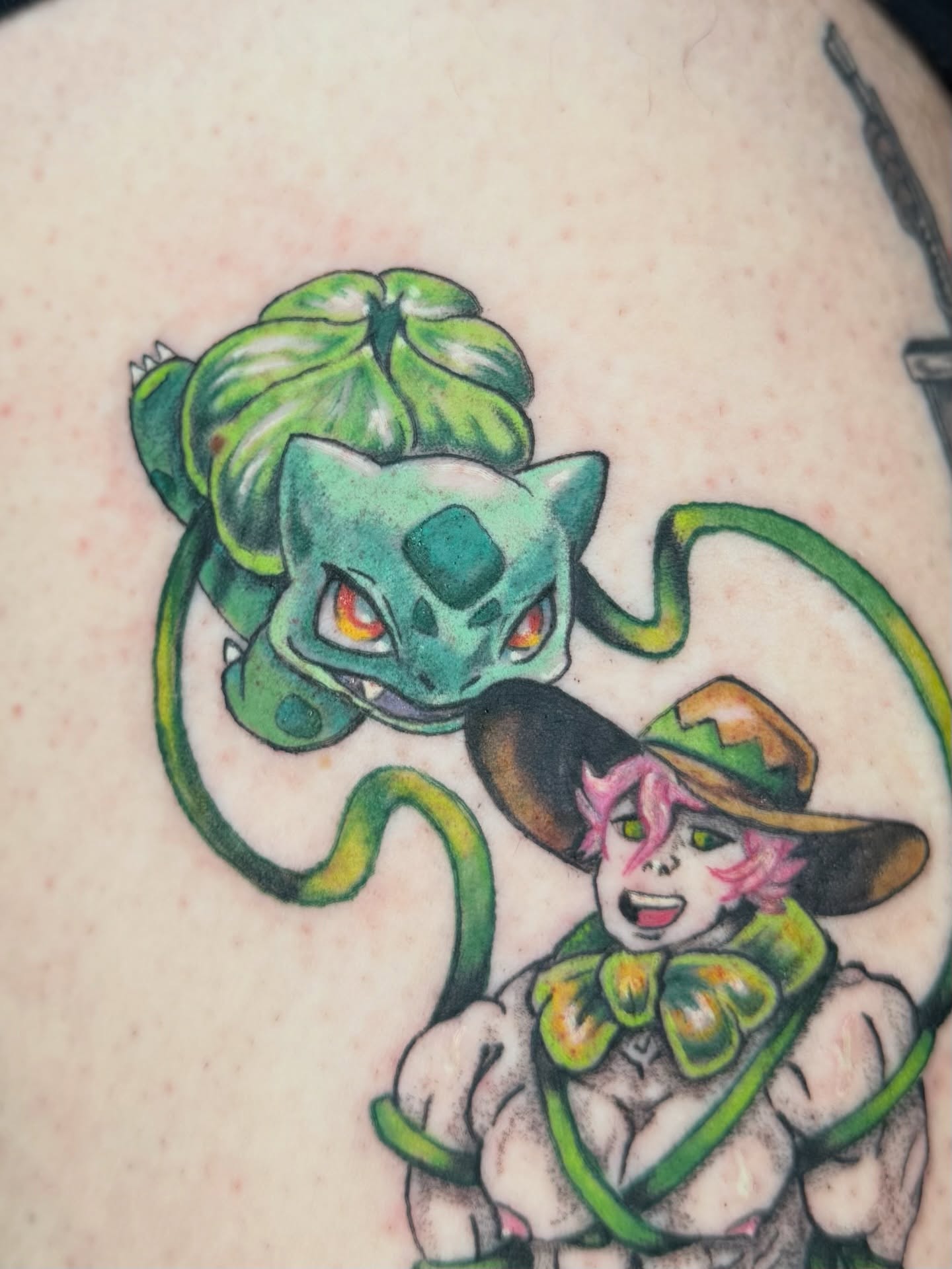 Mystic girl and grass-type Pokémon new school tattoo on the torso by Franky A Bonifacio, Seattle, Washington
