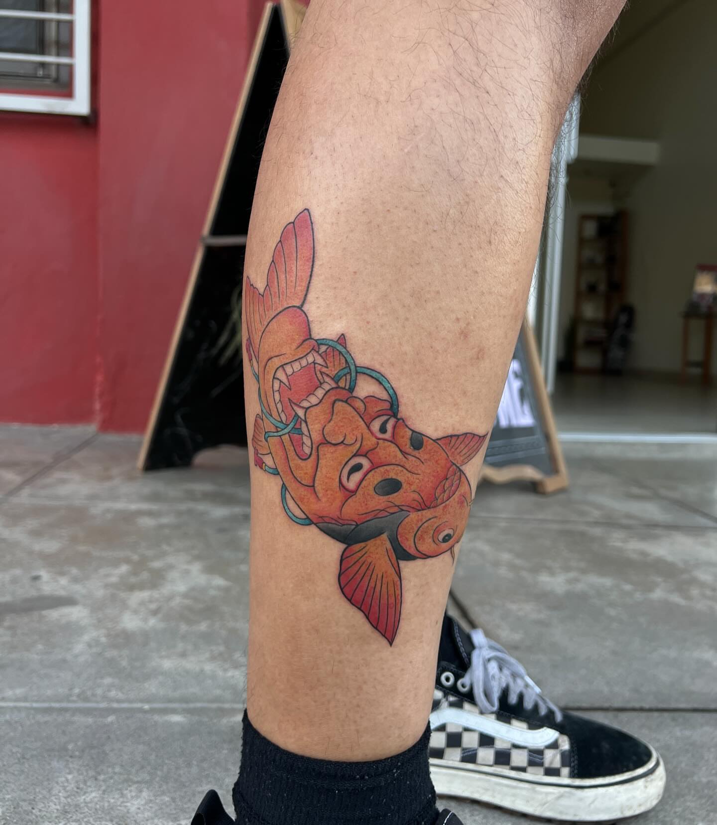 Koi fish japanese irezumi tattoo on the calf by Diana García
