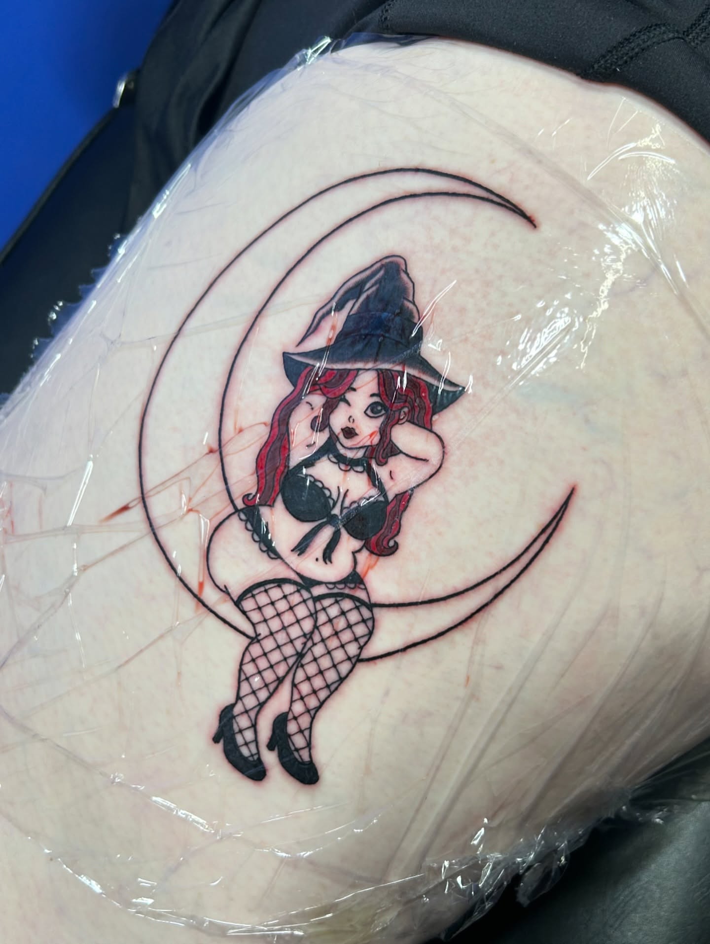 Witch pin-up American traditional tattoo on the thigh by Tess